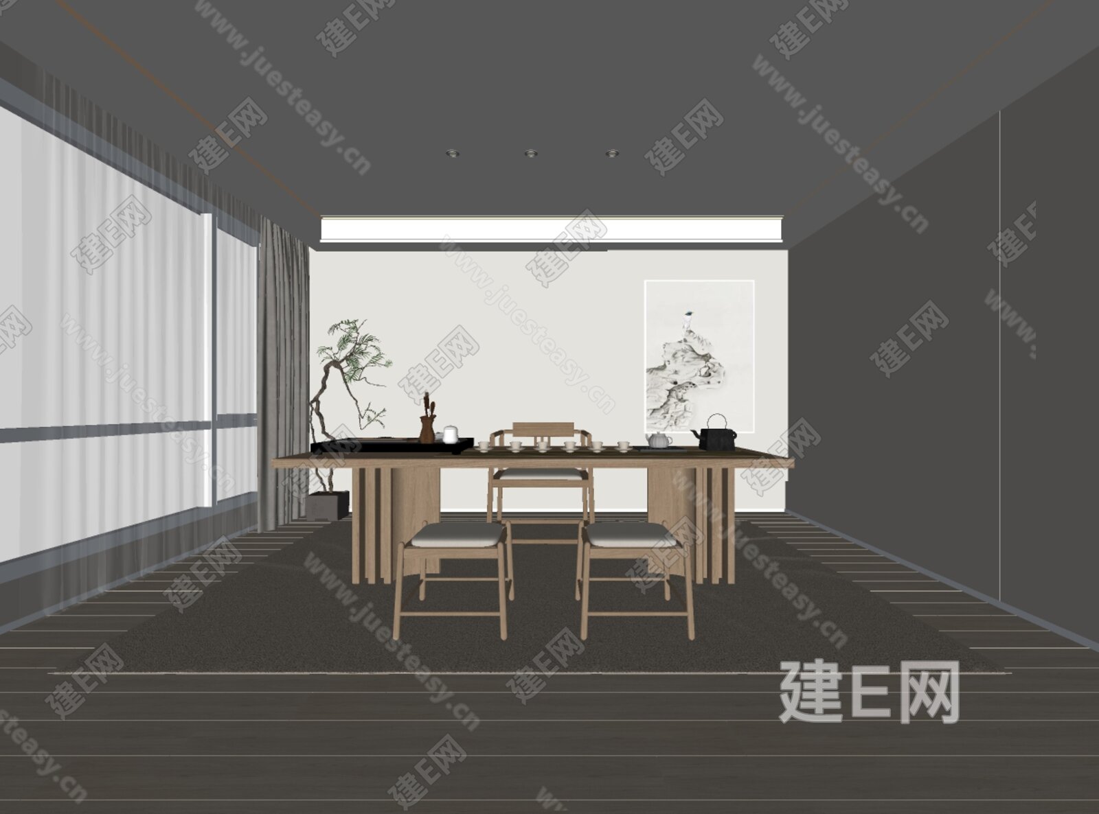 新中式禅意茶室模型SU模型下载[ID:107106884]_建E室内设计网