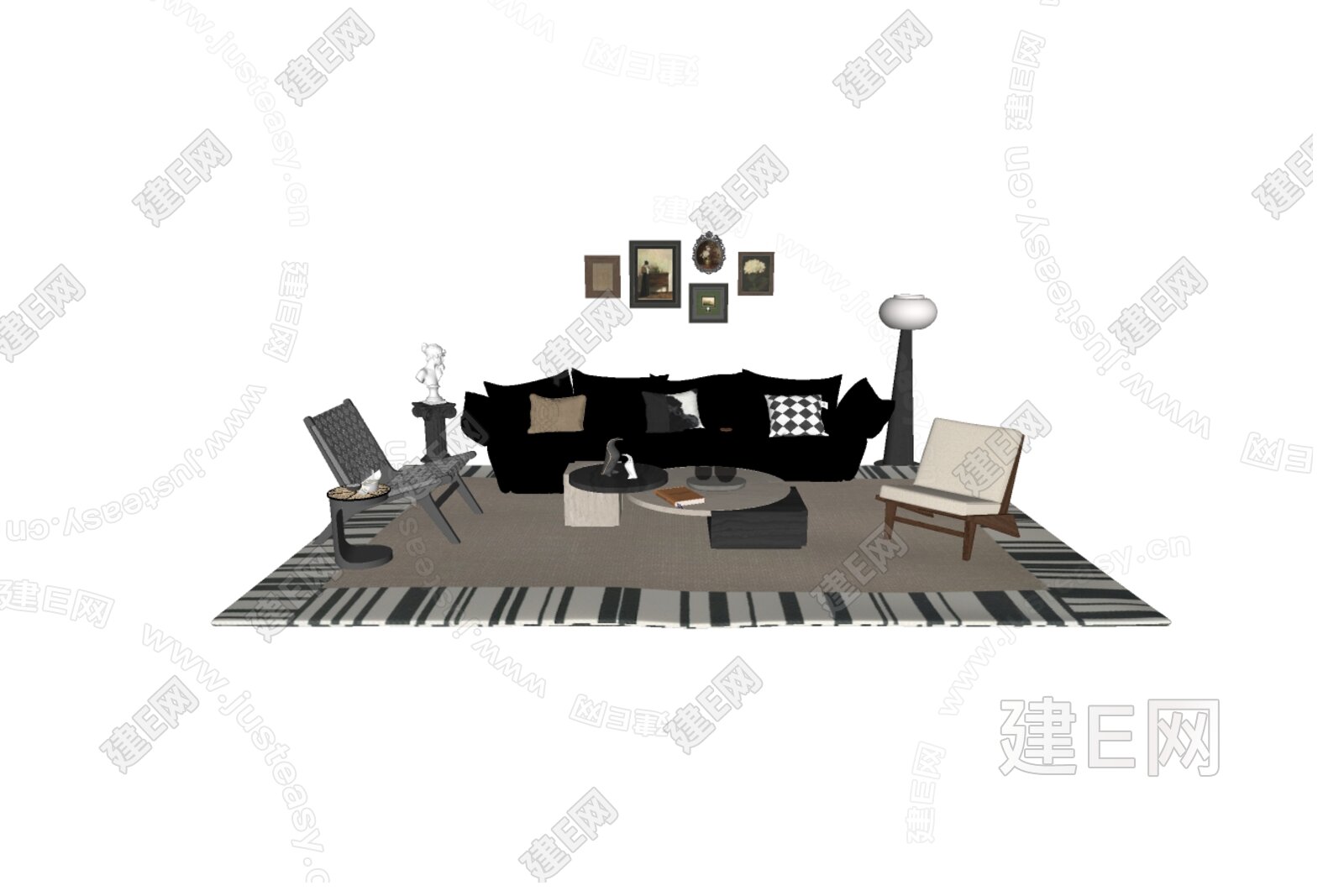 法式中古沙发茶几组合模型SU模型下载[ID:107696705]_建E室内设计网
