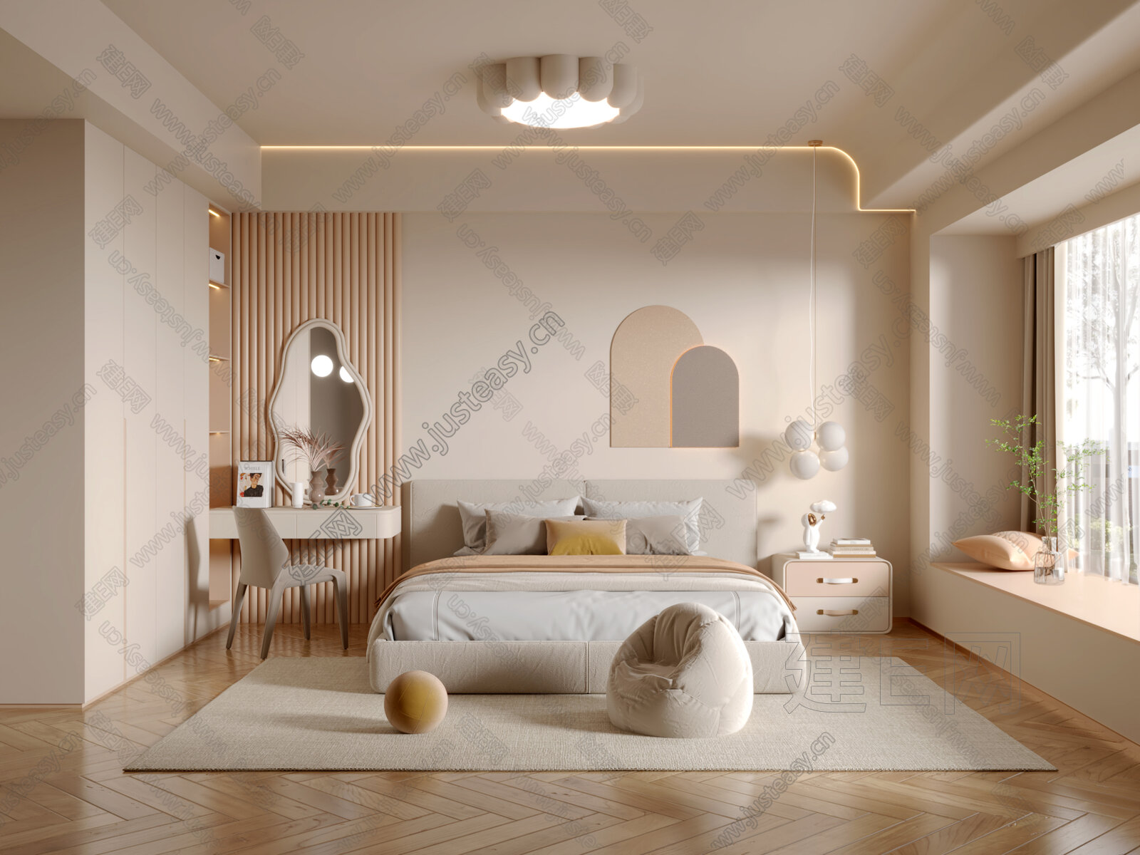 【现代奶油风卧室3d模型】建e网_现代奶油风卧室3d模型下载[ID:111303224]_打造3d现代奶油风卧室模型免费下载平台