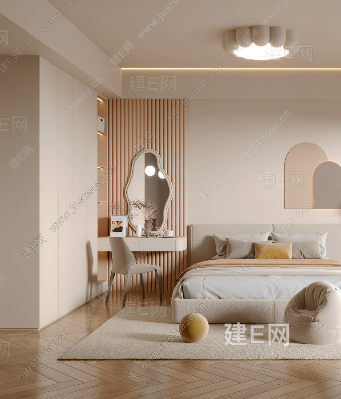 【现代奶油风卧室3d模型】建e网_现代奶油风卧室3d模型下载[ID:111303224]_打造3d现代奶油风卧室模型免费下载平台
