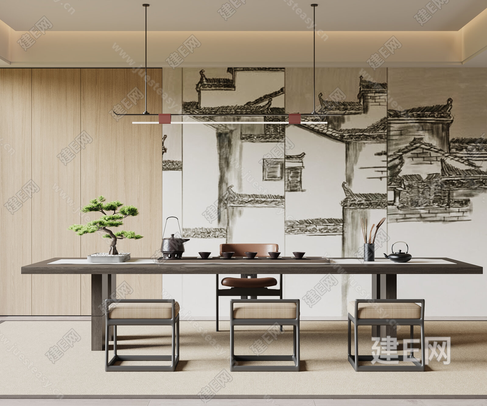 新中式茶室模型SU模型下载[ID:108024374]_建E室内设计网