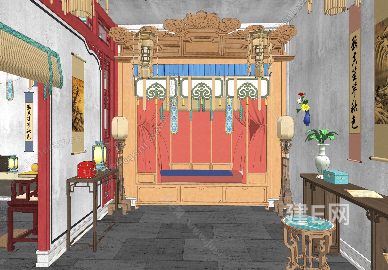 中式古代卧室客房影视场景模型SU模型下载[ID:108024336]_建E室内设计网