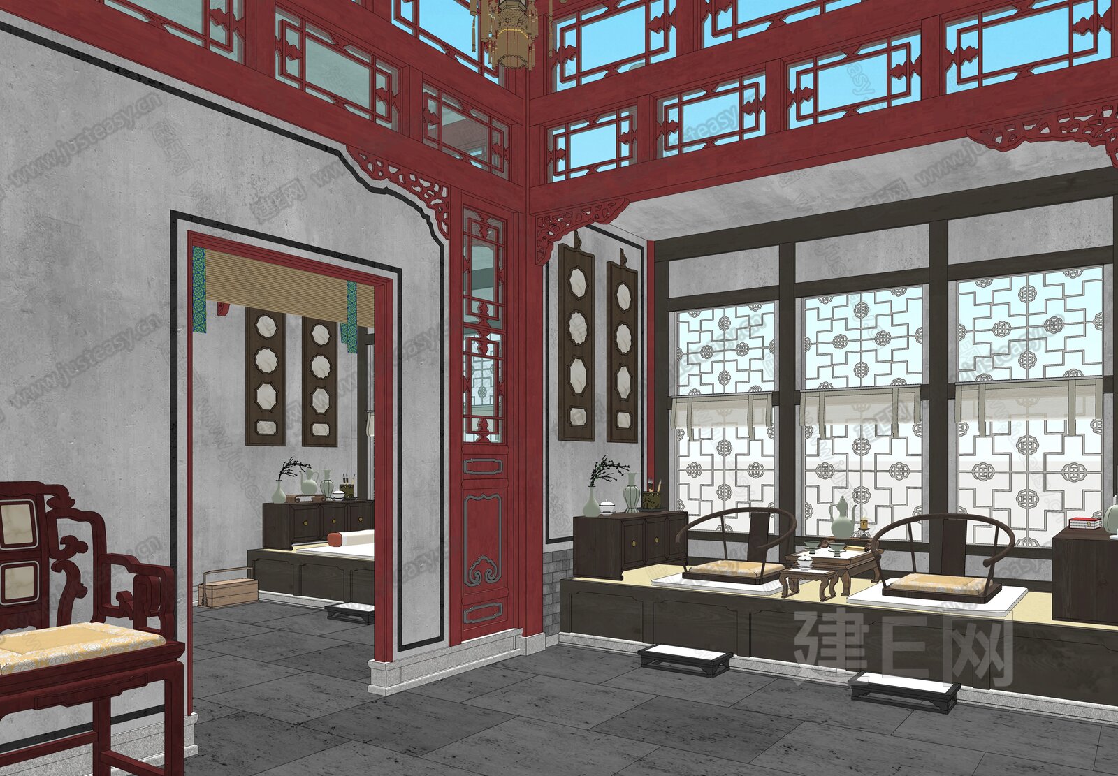 中式古代卧室客房影视场景模型SU模型下载[ID:108024336]_建E室内设计网