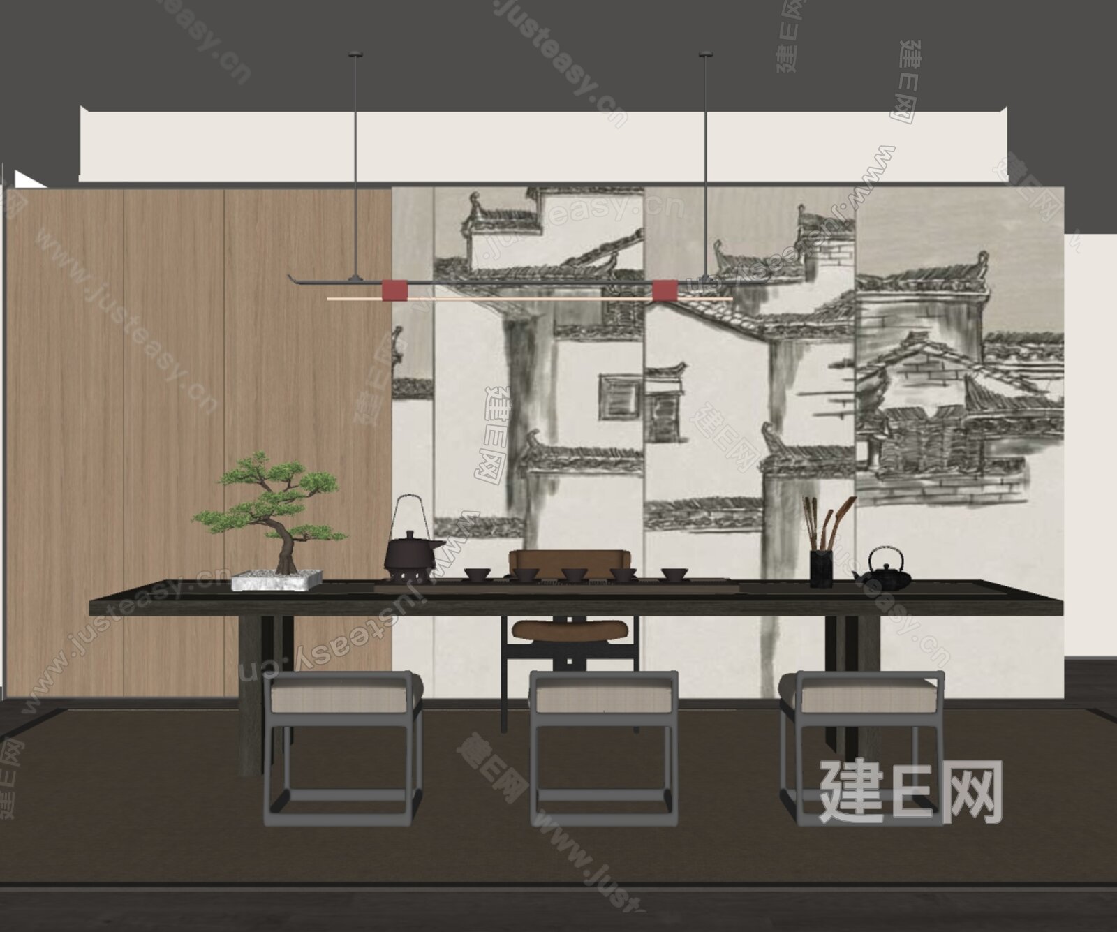 新中式茶室模型SU模型下载[ID:108024374]_建E室内设计网