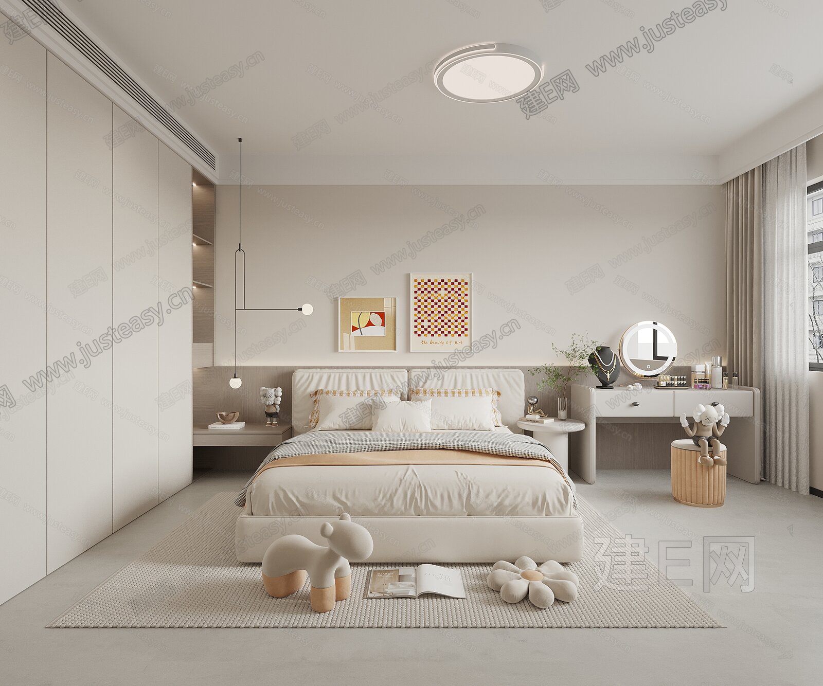 【现代奶油风卧室3d模型】建E网_现代奶油风卧室3d模型下载[ID:113203772]_打造3d现代奶油风卧室模型免费下载平台