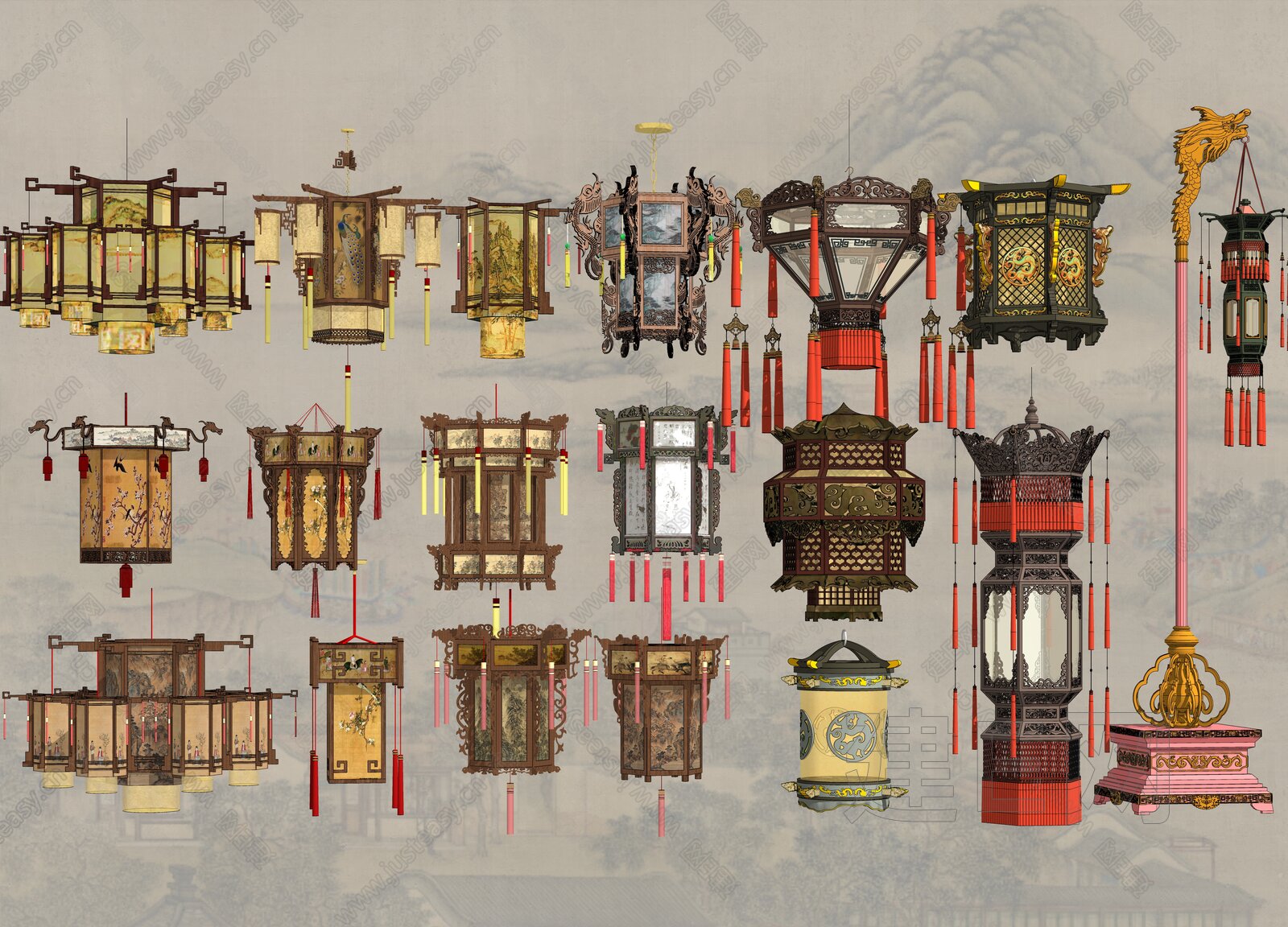 龙造型灯笼古代宫灯模型SU模型下载[ID:108745427]_建e网su模型