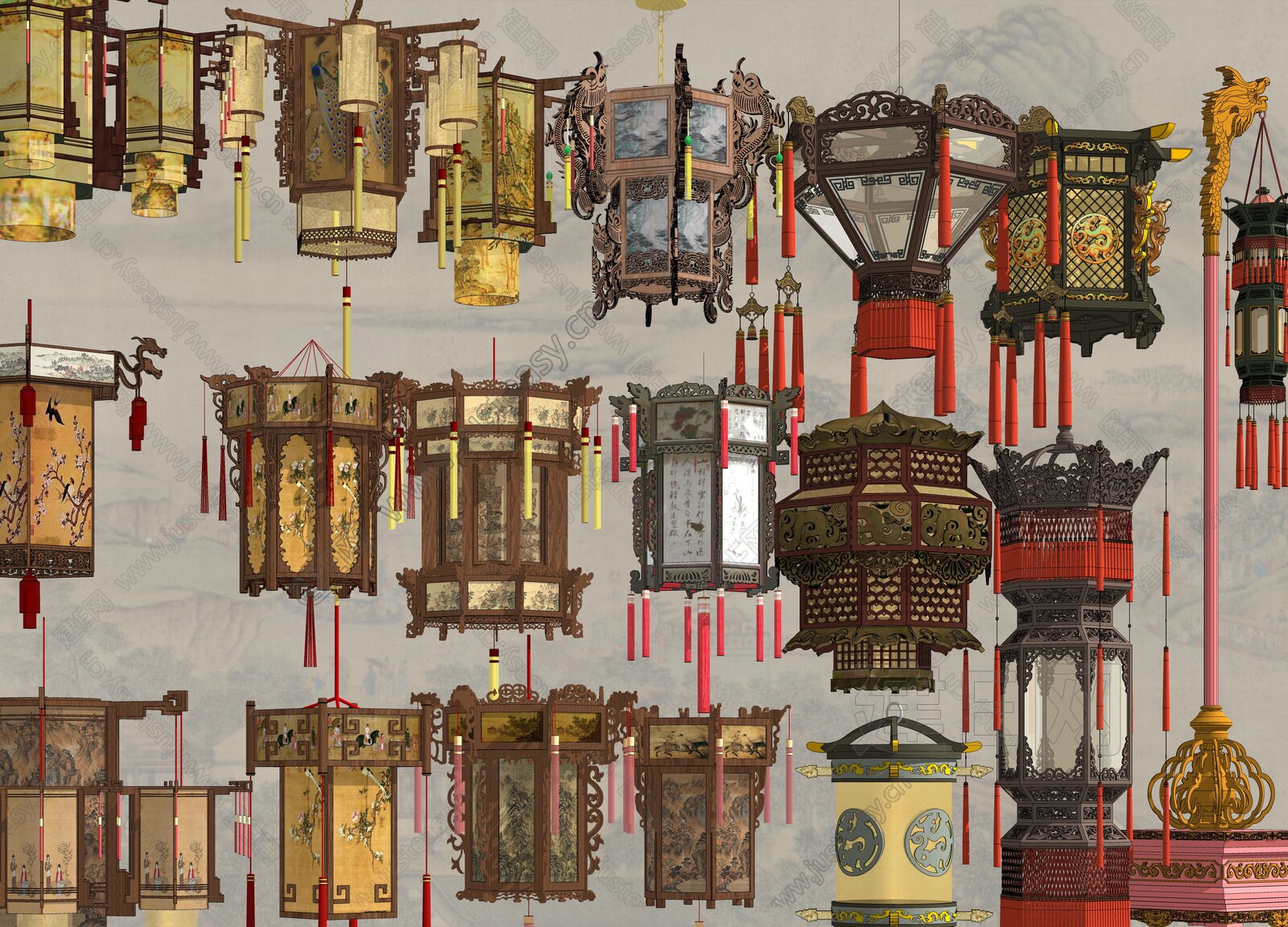 龙造型灯笼古代宫灯模型SU模型下载[ID:108745427]_建e网su模型
