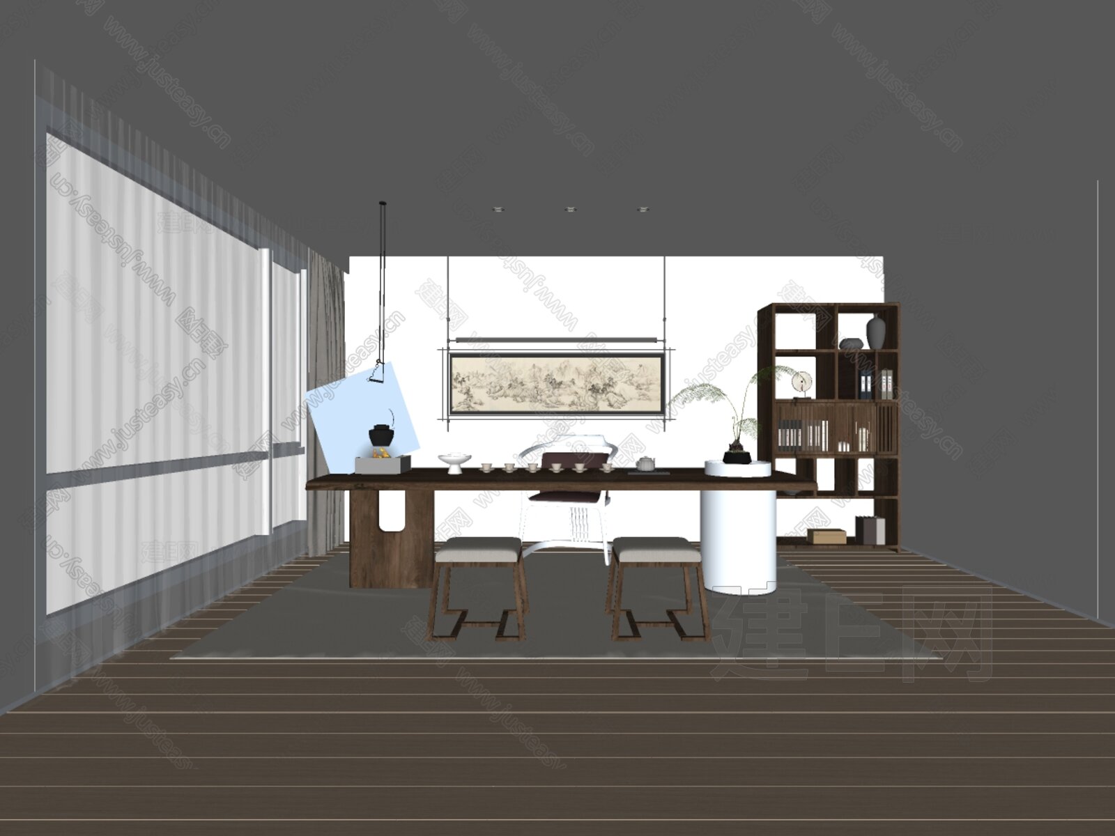 新中式禅意茶室模型SU模型下载[ID:100684392]_建E室内设计网