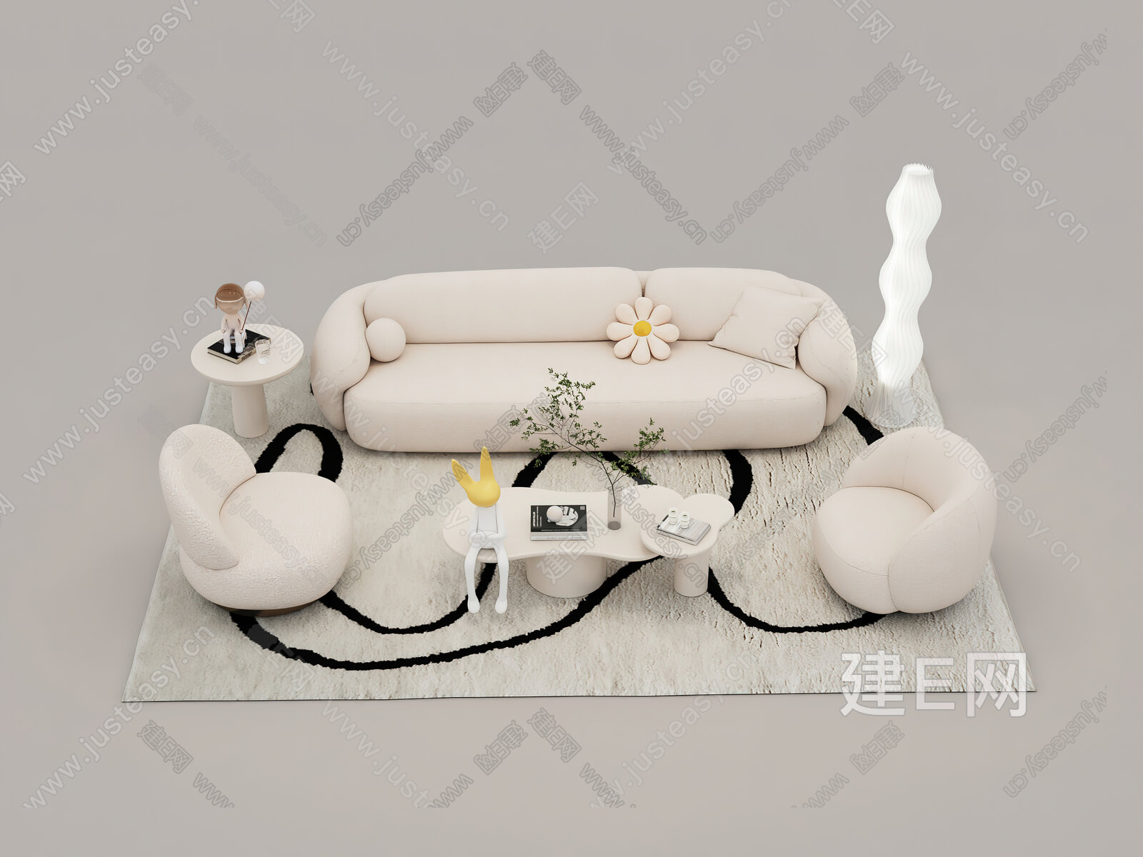 法式奶油风沙发茶几组合模型SU模型下载[ID:101274308]_建E室内设计网