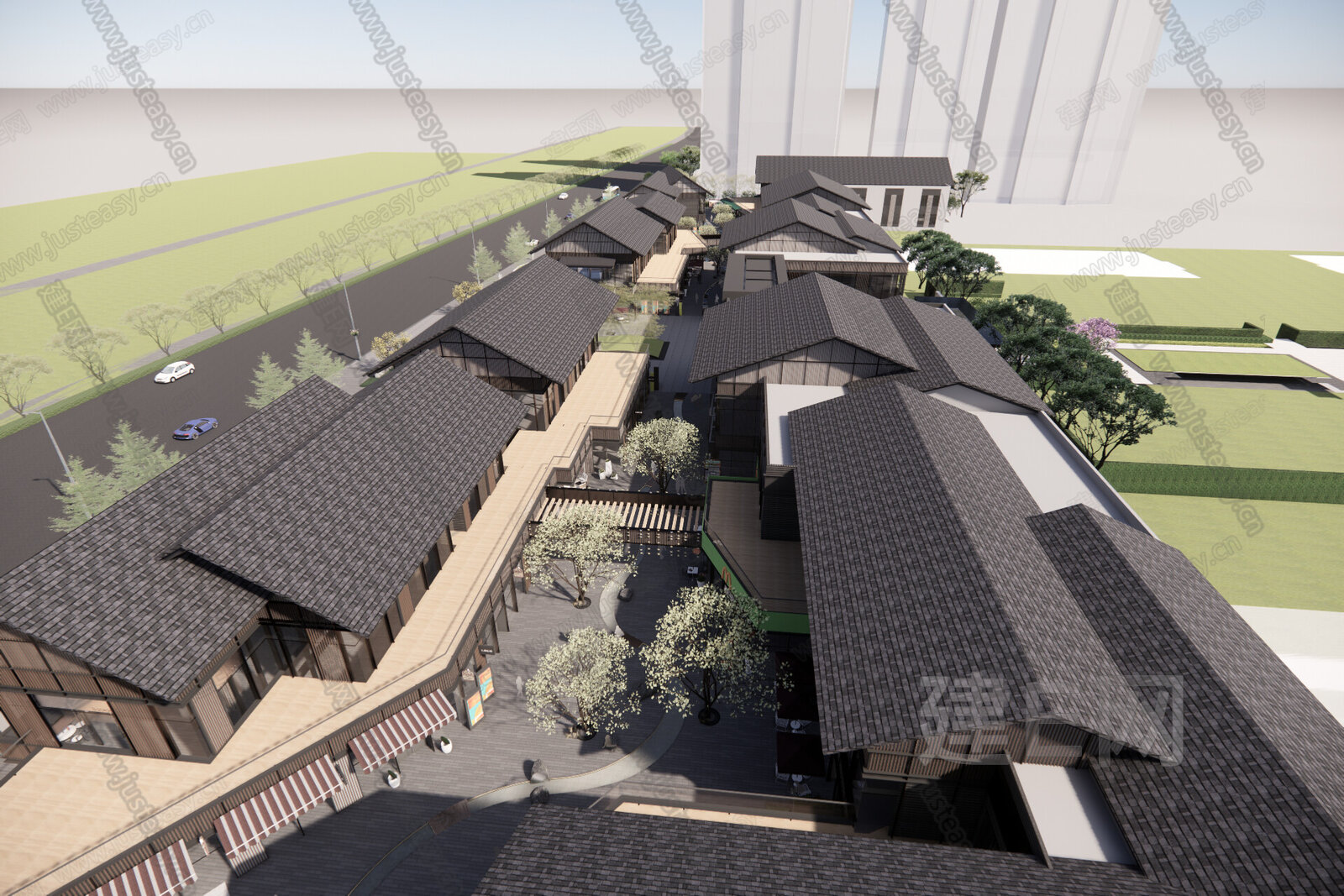 新中式商业街模型SU模型下载[ID:101405327]_建e网su模型