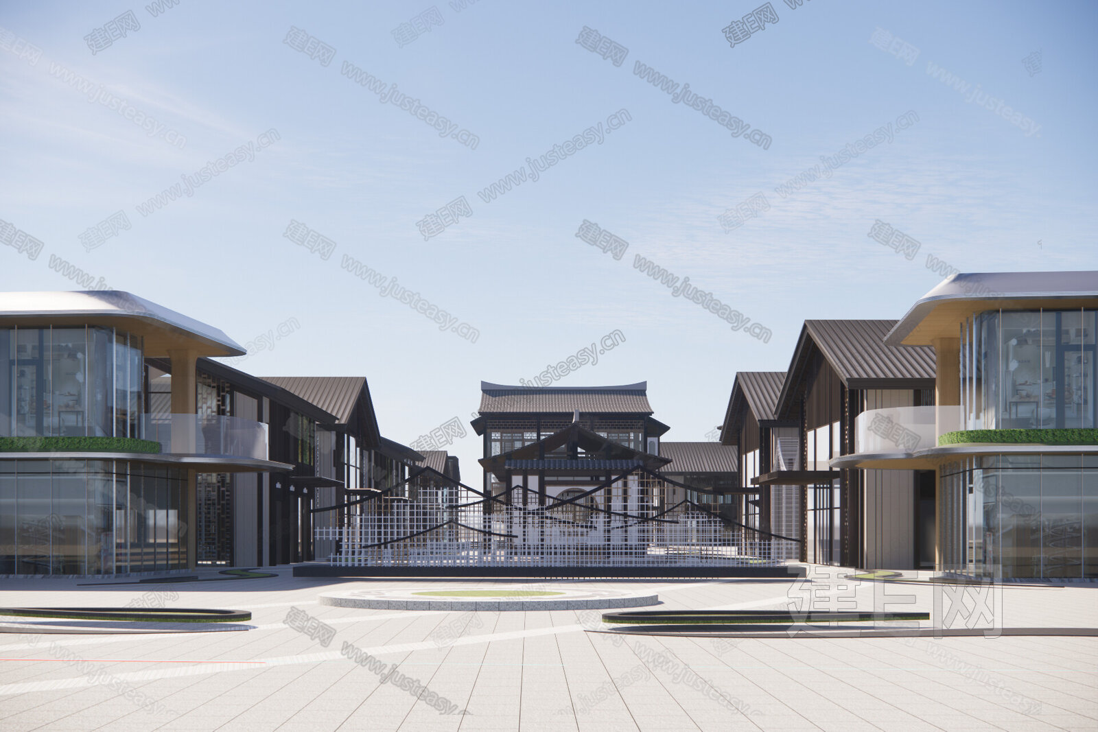 新中式商业街 模型SU模型下载[ID:102650391]_建e网su模型