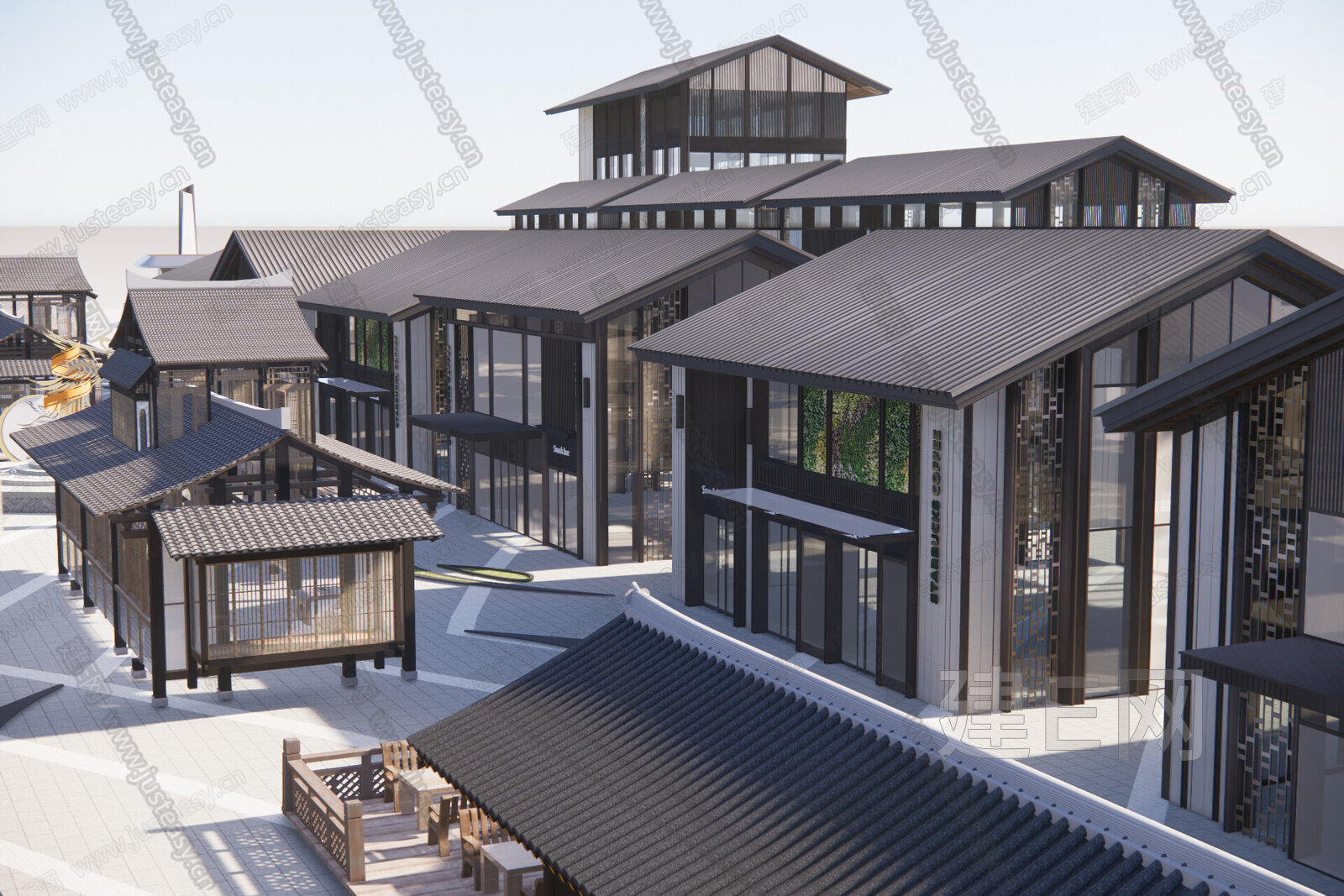 新中式商业街 模型SU模型下载[ID:102650391]_建e网su模型