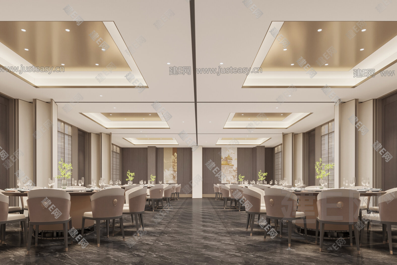 新中式宴会厅模型SU模型下载[ID:103633606]_建E室内设计网