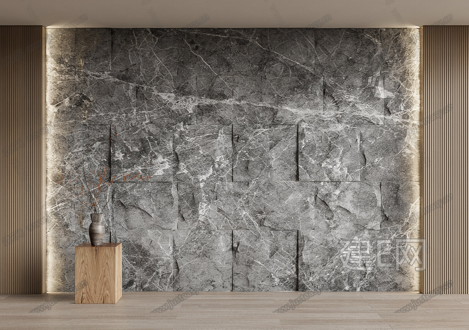 现代毛石背景墙模型SU模型下载[ID:103764667]_建e网su模型