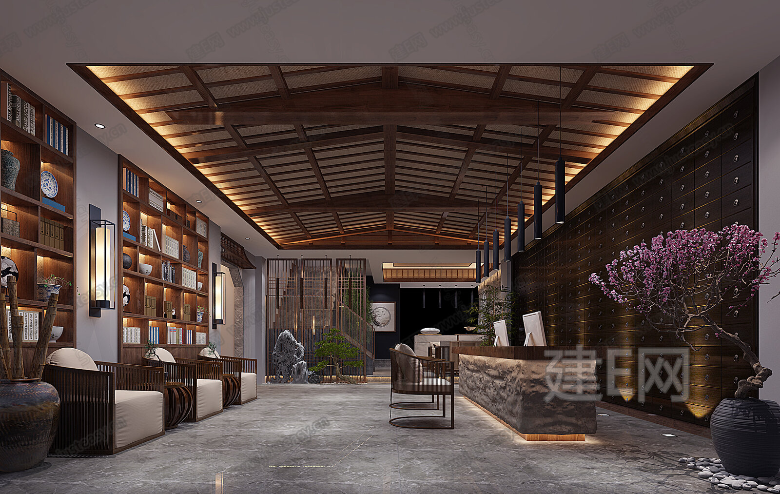 中式酒店接待大厅3d模型下载[ID:101997878]_建e网3d模型