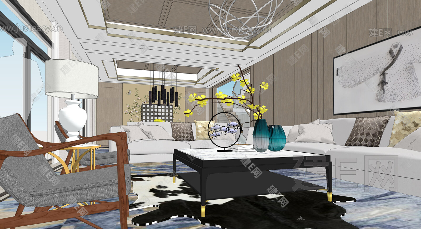 新中式别墅模型SU模型下载[ID:104288907]_建E室内设计网