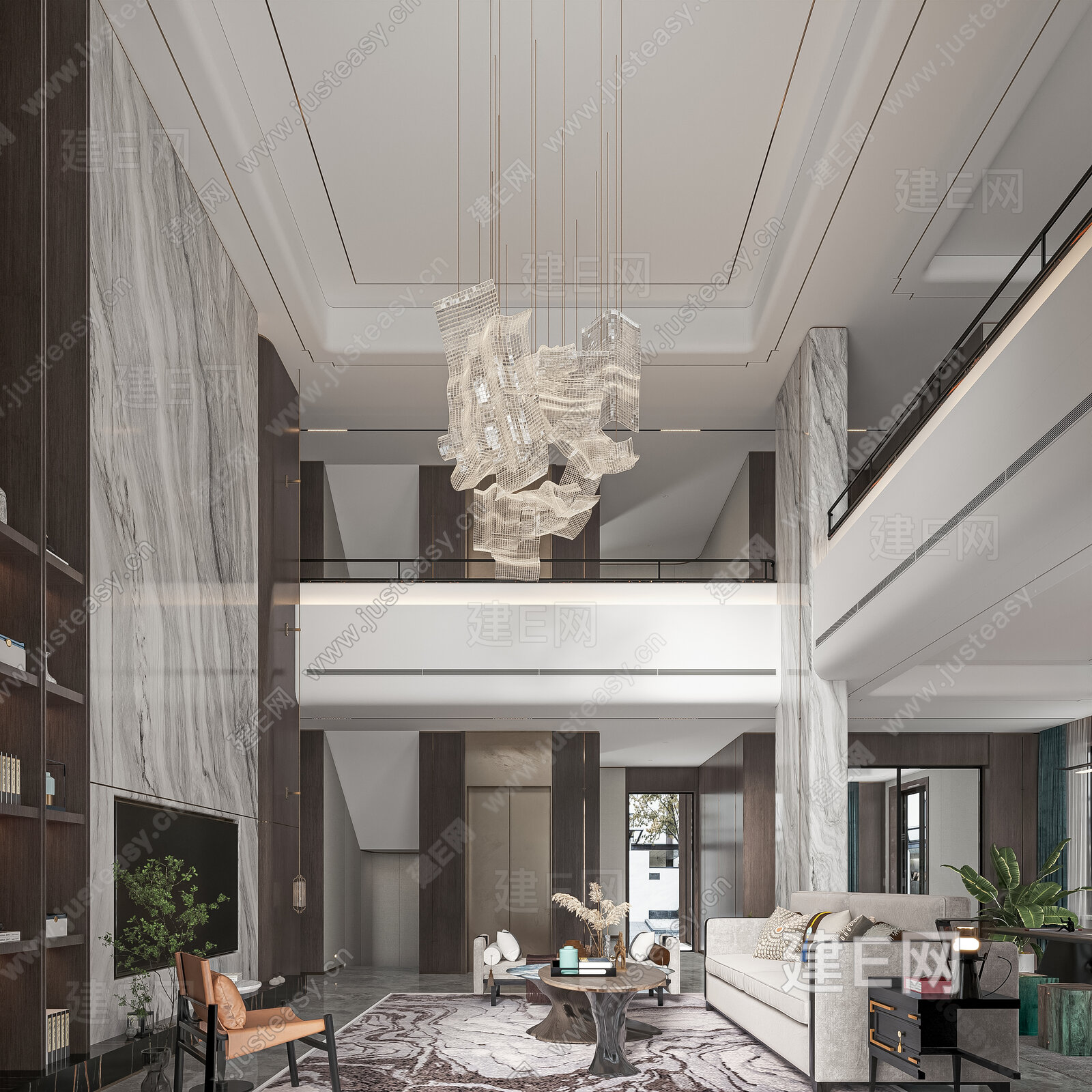 新中式别墅客厅模型SU模型下载[ID:104288863]_建E室内设计网