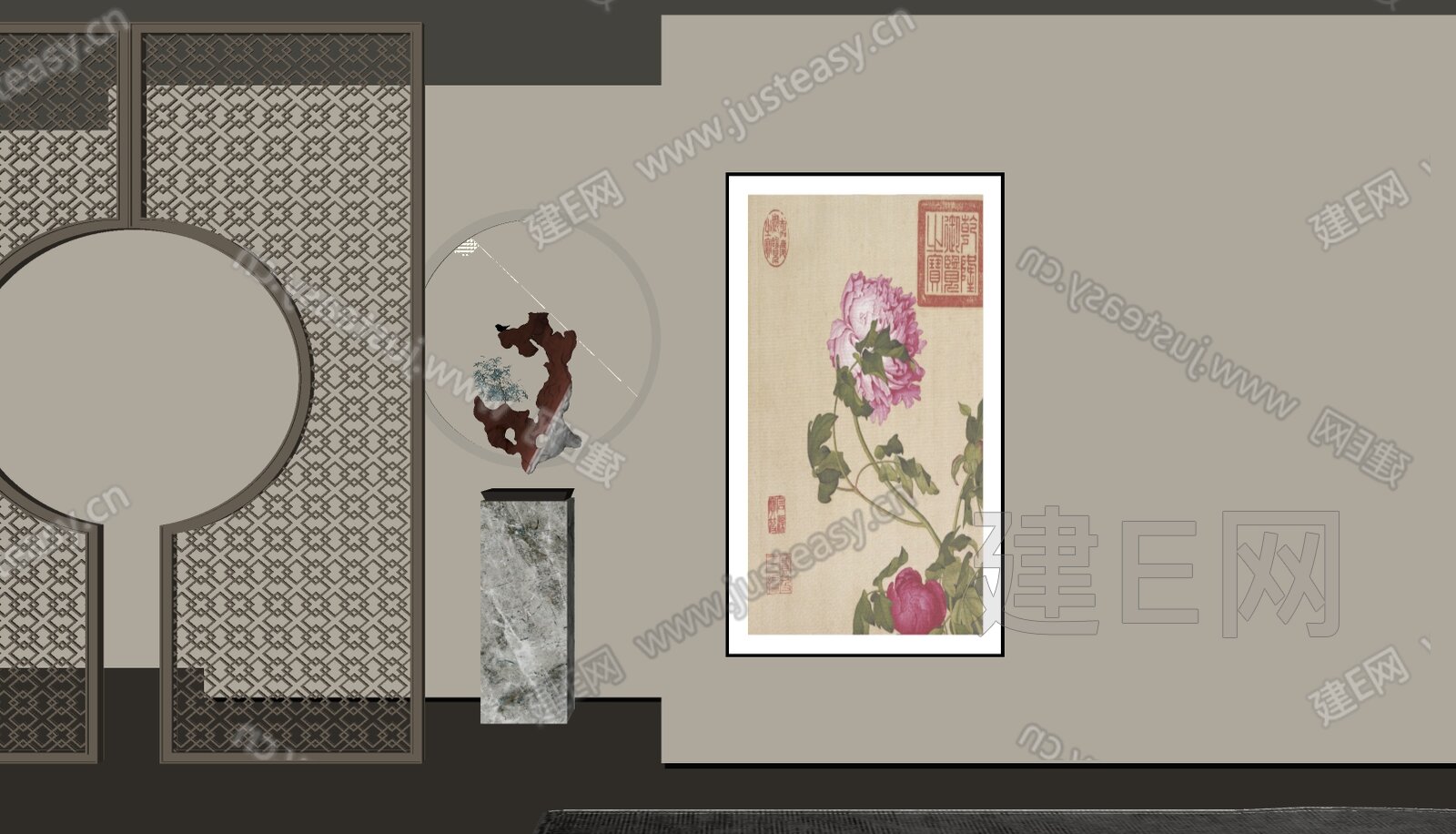 新中式装饰画模型SU模型下载[ID:104485384]_建E室内设计网