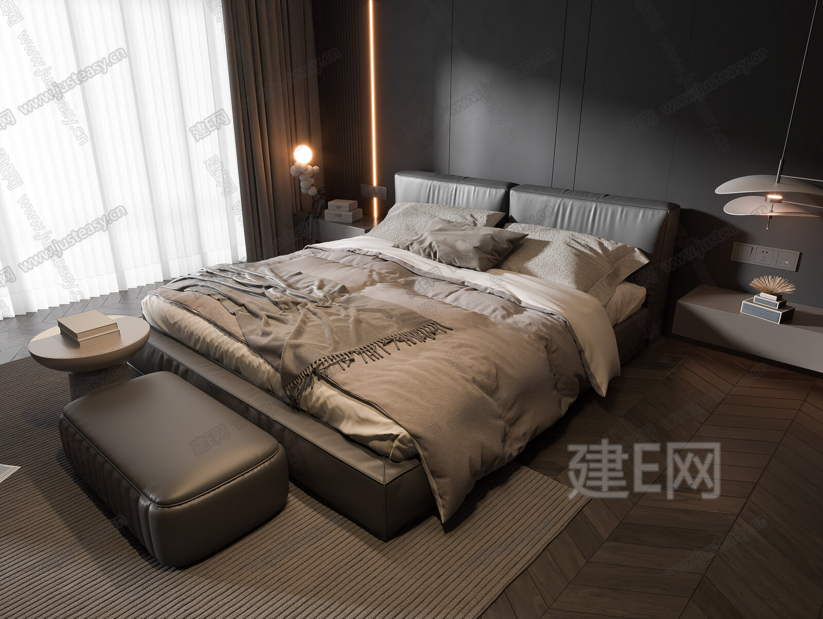 现代双人床模型SU模型下载[ID:113857105]_建E室内设计网