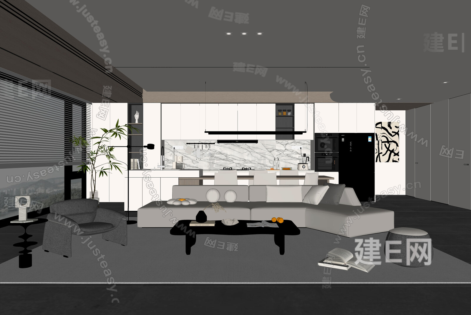 现代极简客餐厅模型SU模型下载[ID:114774648]_建e网su模型