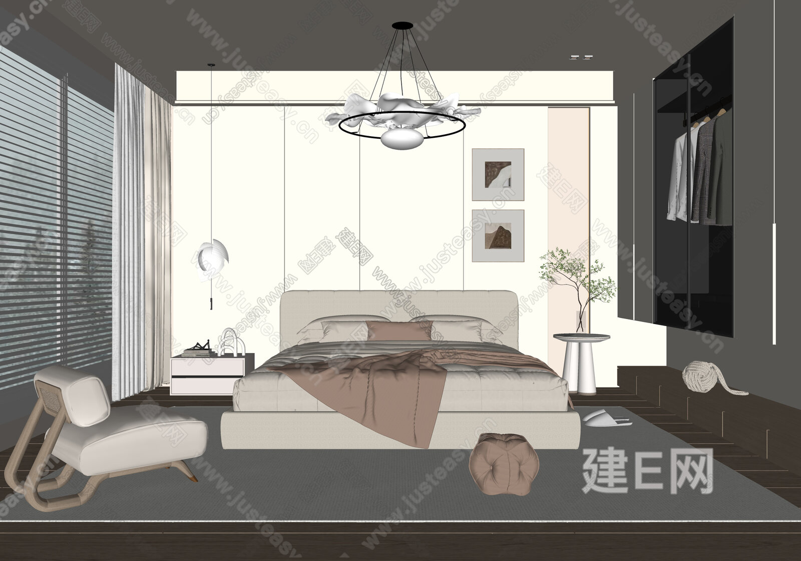奶油风卧室模型SU模型下载[ID:114643606]_建e网su模型
