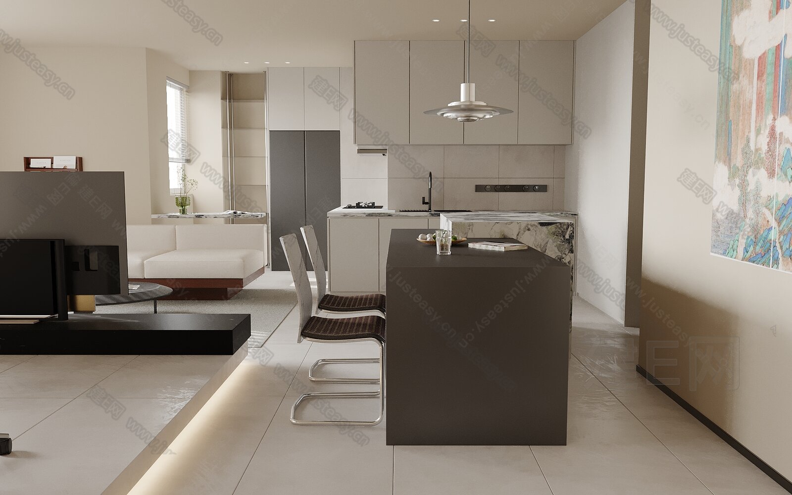 现代极简客餐厅模型SU模型下载[ID:115167866]_建e网su模型