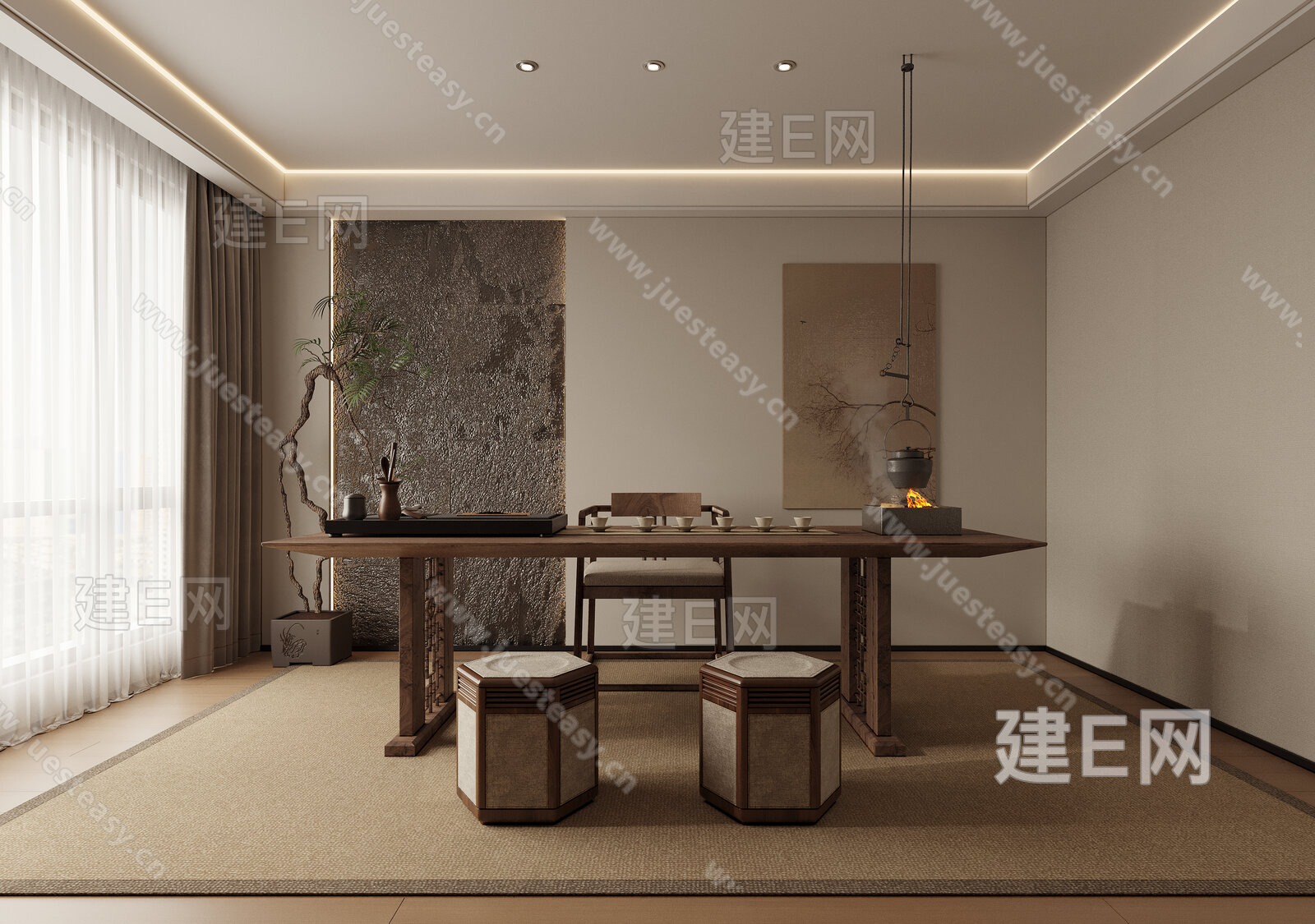新中式禅意茶室模型SU模型下载[ID:115102373]_建E室内设计网