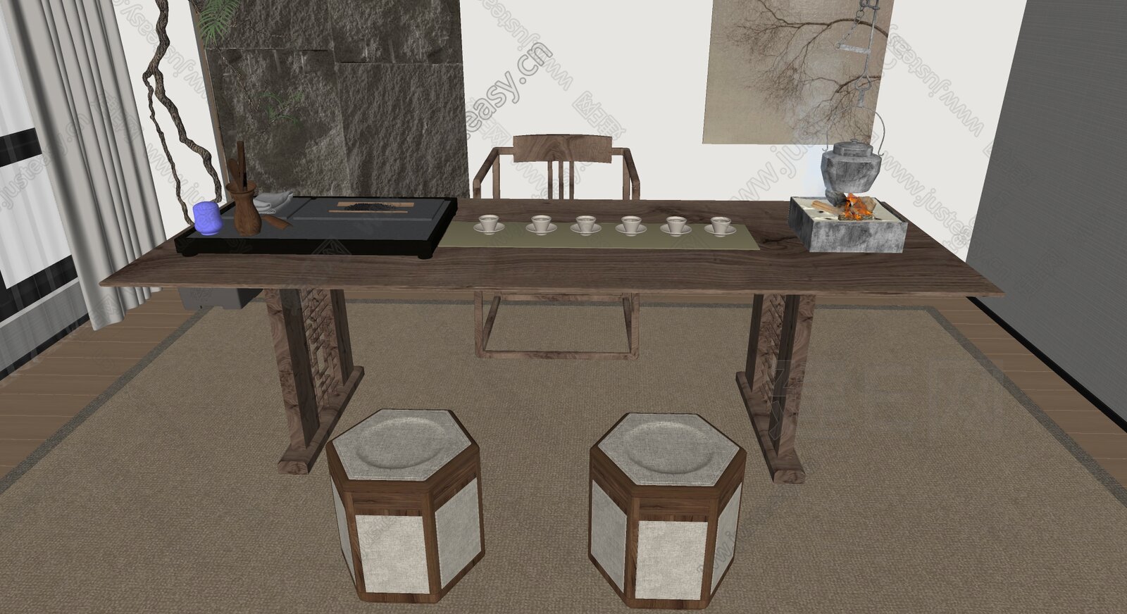 新中式禅意茶室模型SU模型下载[ID:115167839]_建E室内设计网