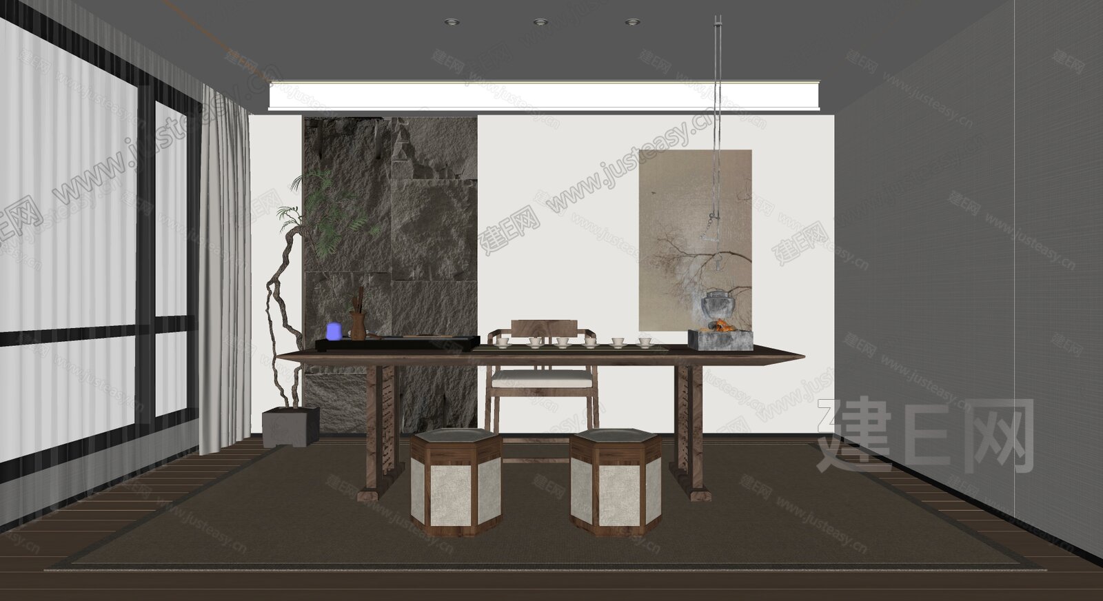 新中式禅意茶室模型SU模型下载[ID:115167839]_建E室内设计网