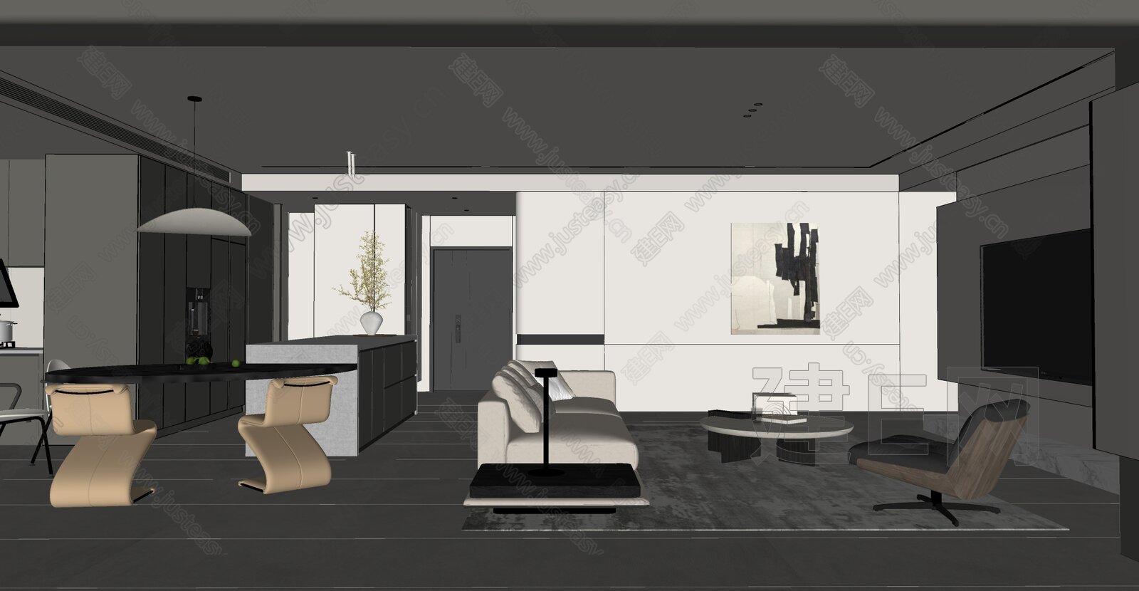 现代极简客餐厅模型SU模型下载[ID:115757732]_建e网su模型