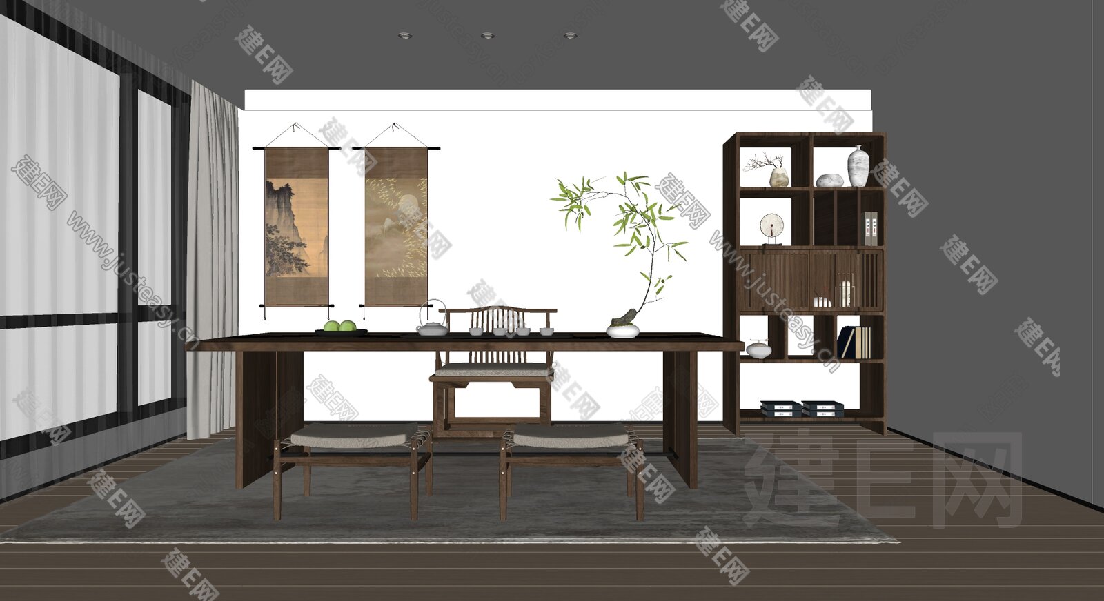 新中式禅意茶室模型SU模型下载[ID:115495611]_建E室内设计网