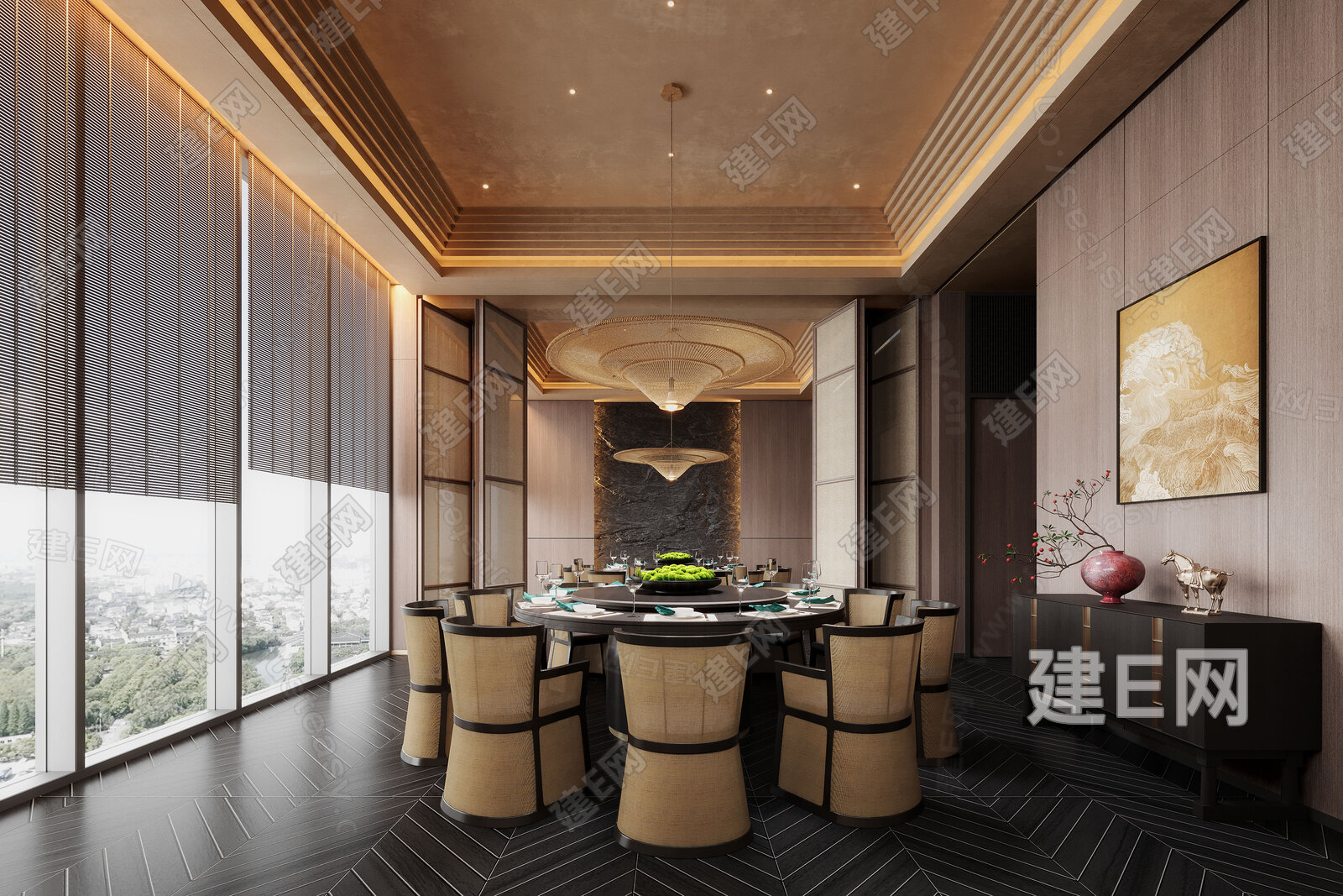 新中式餐厅包间3d模型下载[ID:114974173]_建e网3d模型