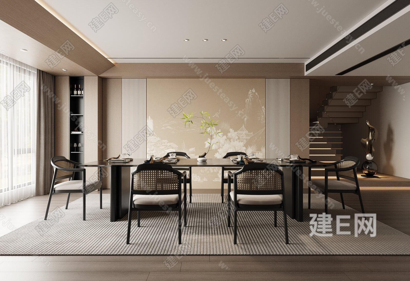 新中式餐厅模型SU模型下载[ID:116347638]_建E室内设计网