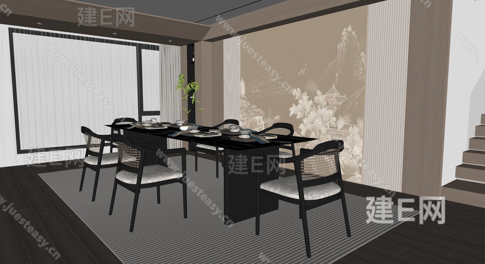 新中式餐厅模型SU模型下载[ID:116347638]_建E室内设计网
