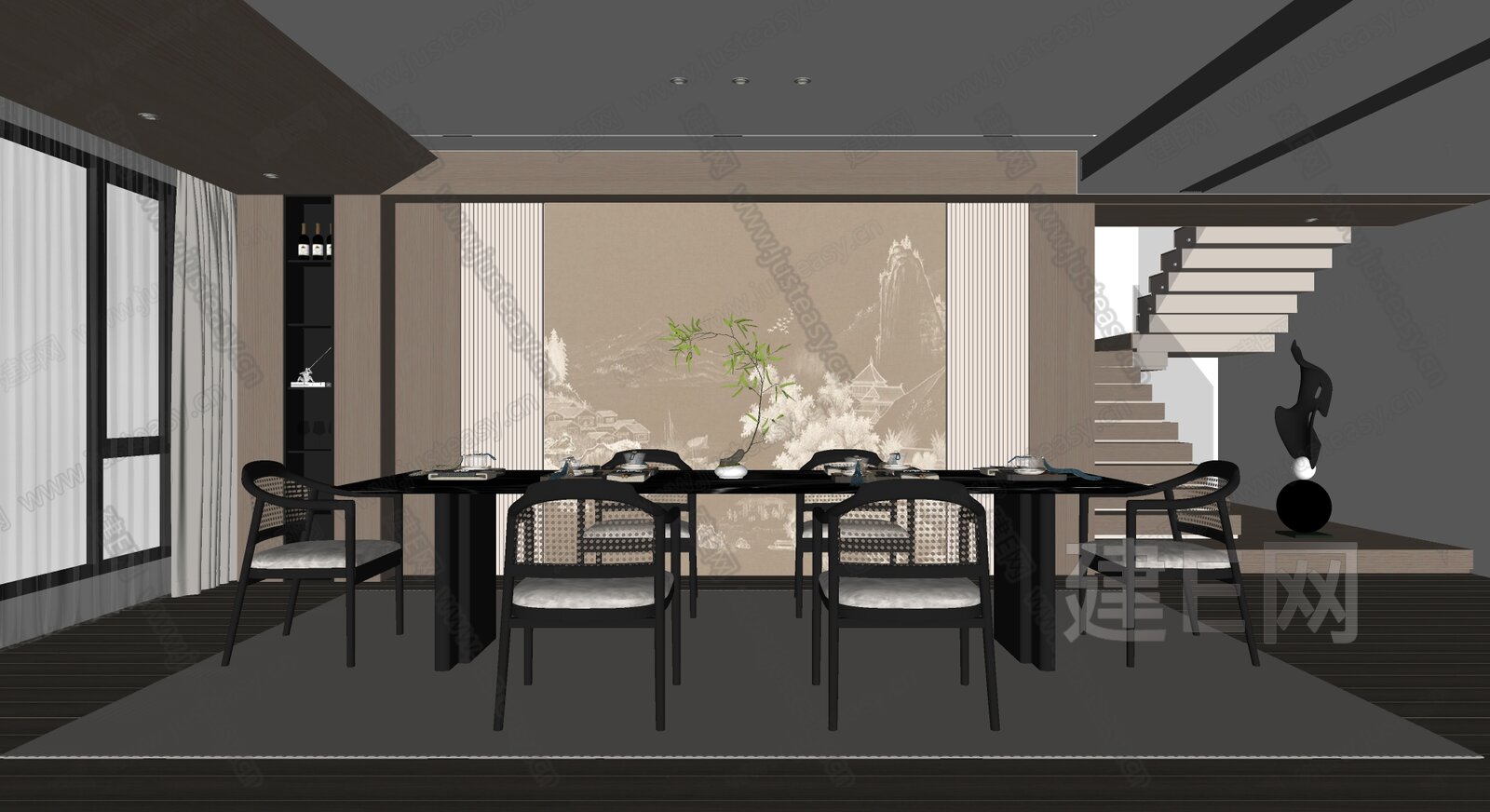 新中式餐厅模型SU模型下载[ID:116347638]_建E室内设计网