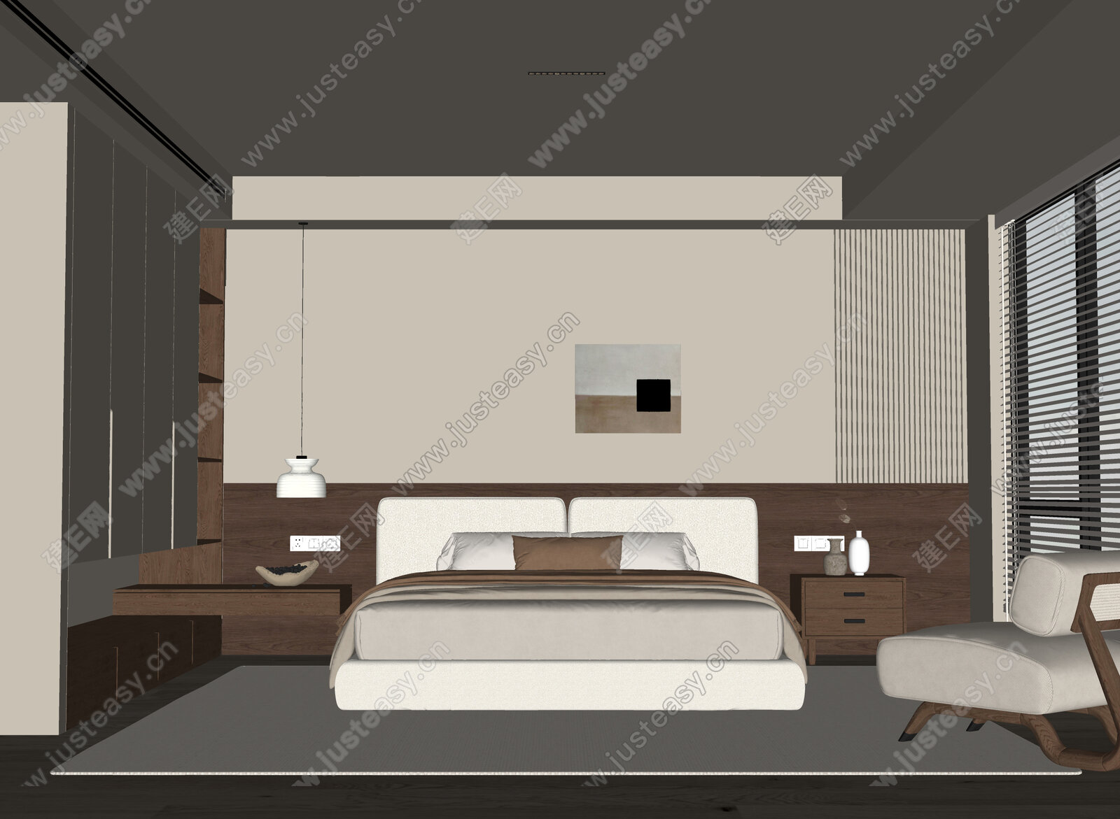 现代中古风卧室模型SU模型下载[ID:116085290]_建E室内设计网
