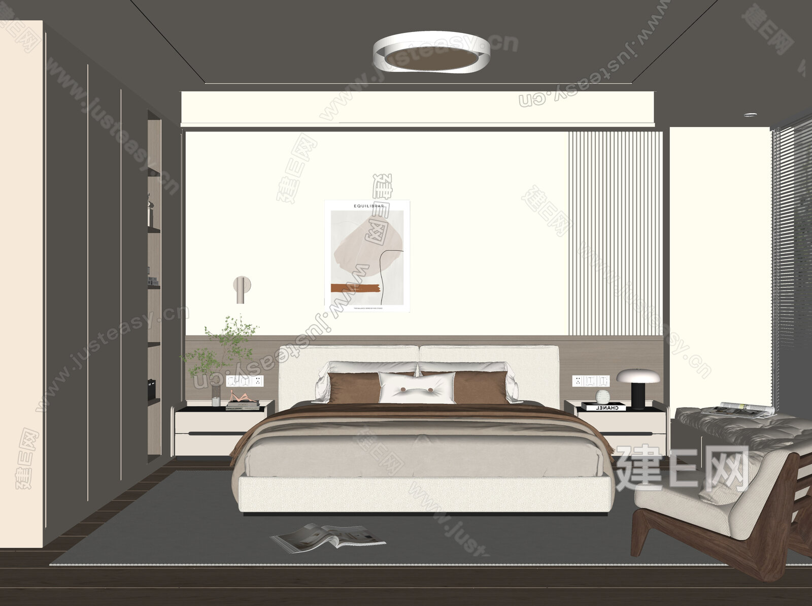 现代奶油风卧室模型SU模型下载[ID:116085453]_建e网su模型