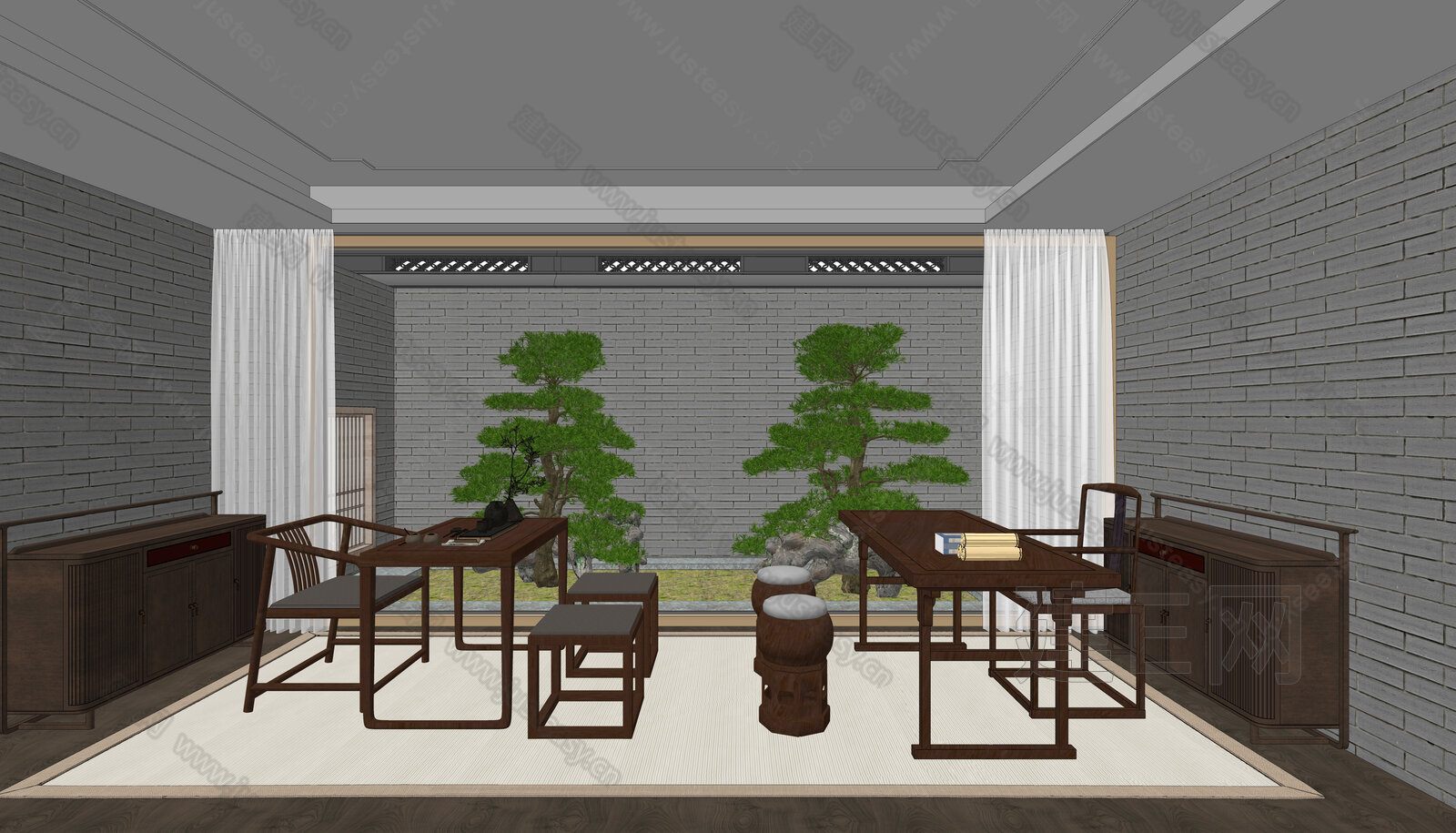 新中式茶室模型SU模型下载[ID:116871898]_建E室内设计网