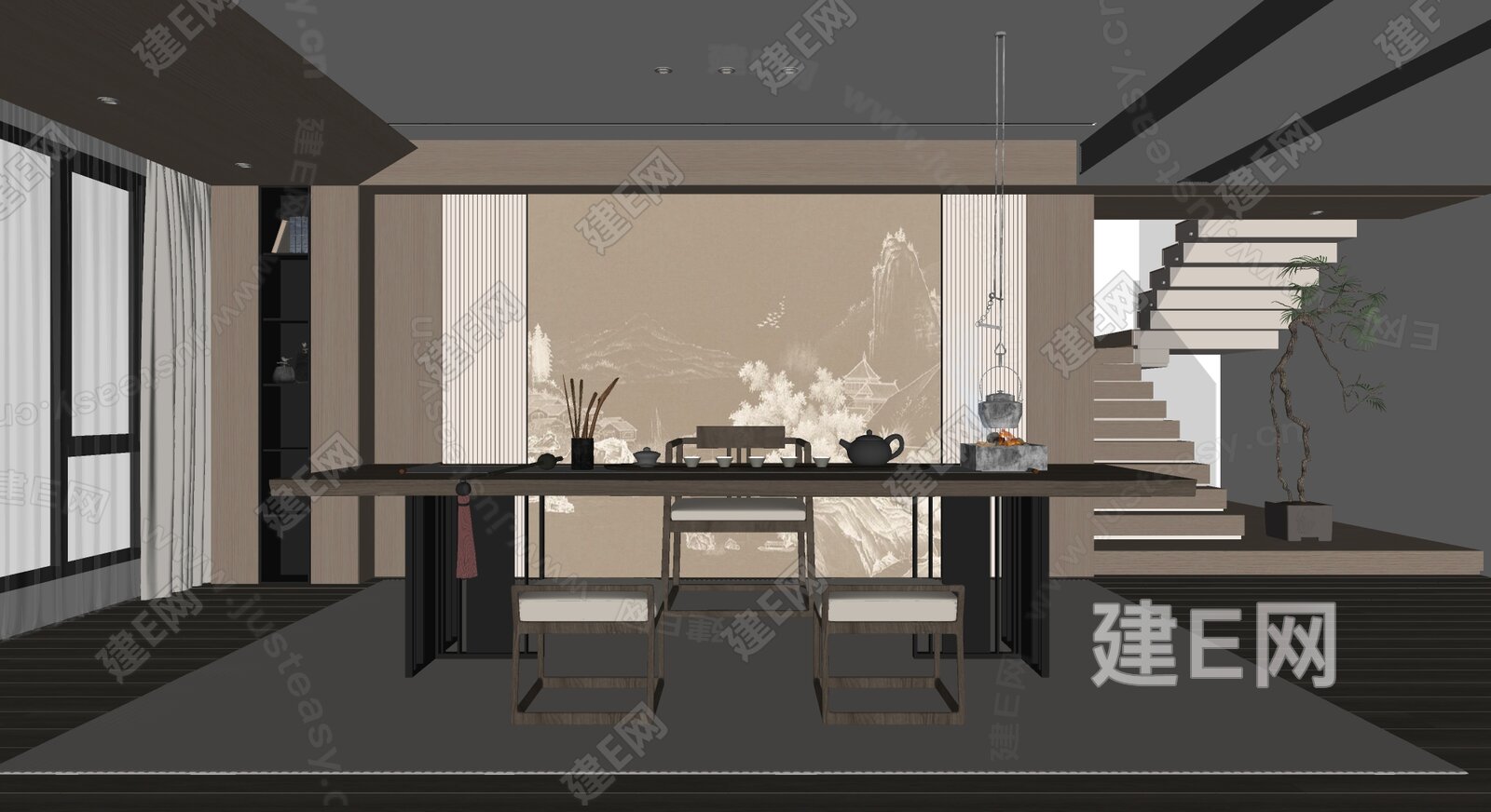 新中式禅意茶室模型SU模型下载[ID:116478716]_建E室内设计网