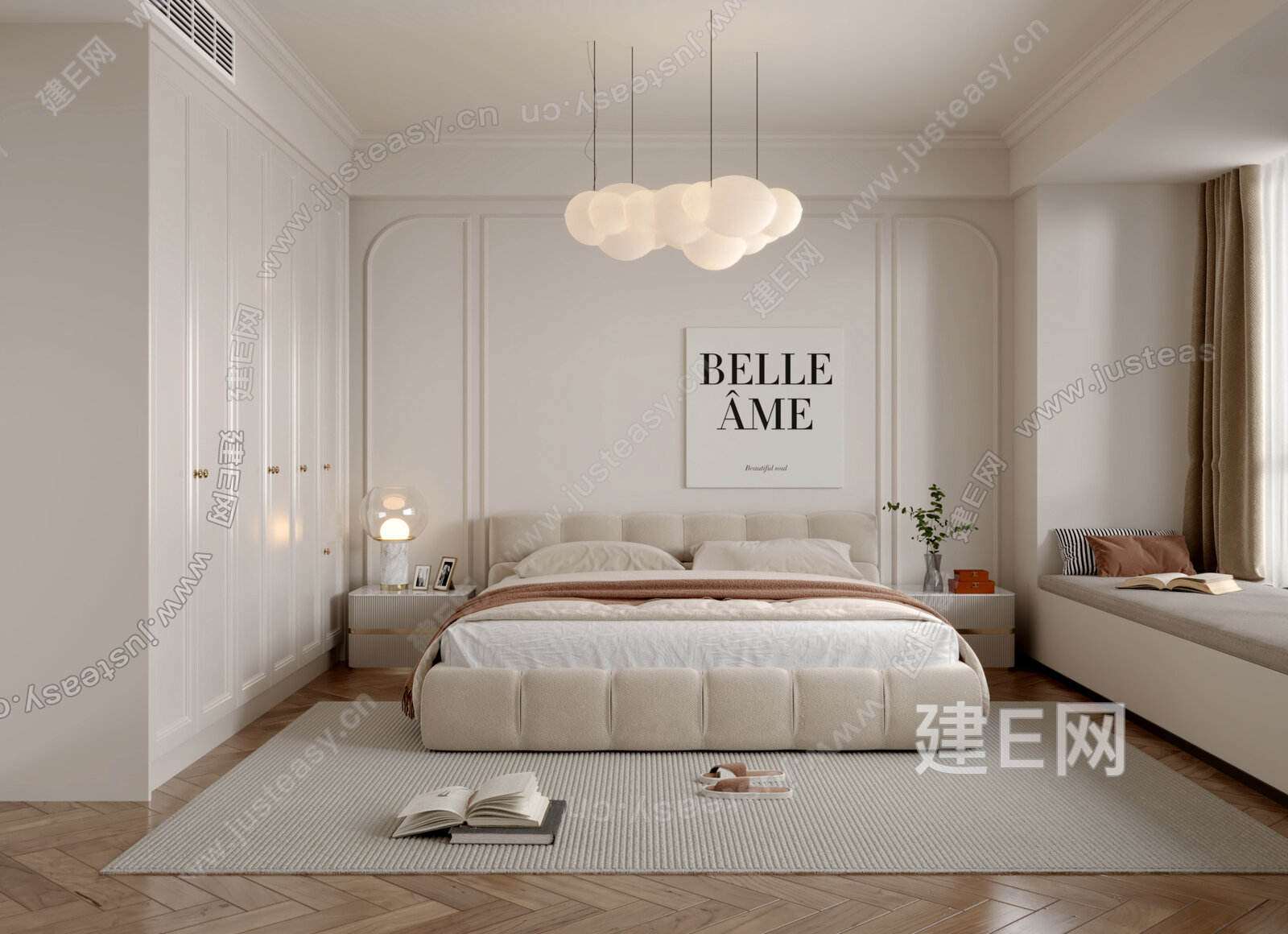 现代奶油风卧室3d模型下载[ID:117005578]_建e网3d模型