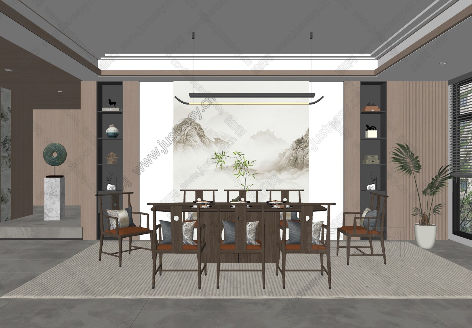 新中式餐厅模型SU模型下载[ID:116413180]_建E室内设计网