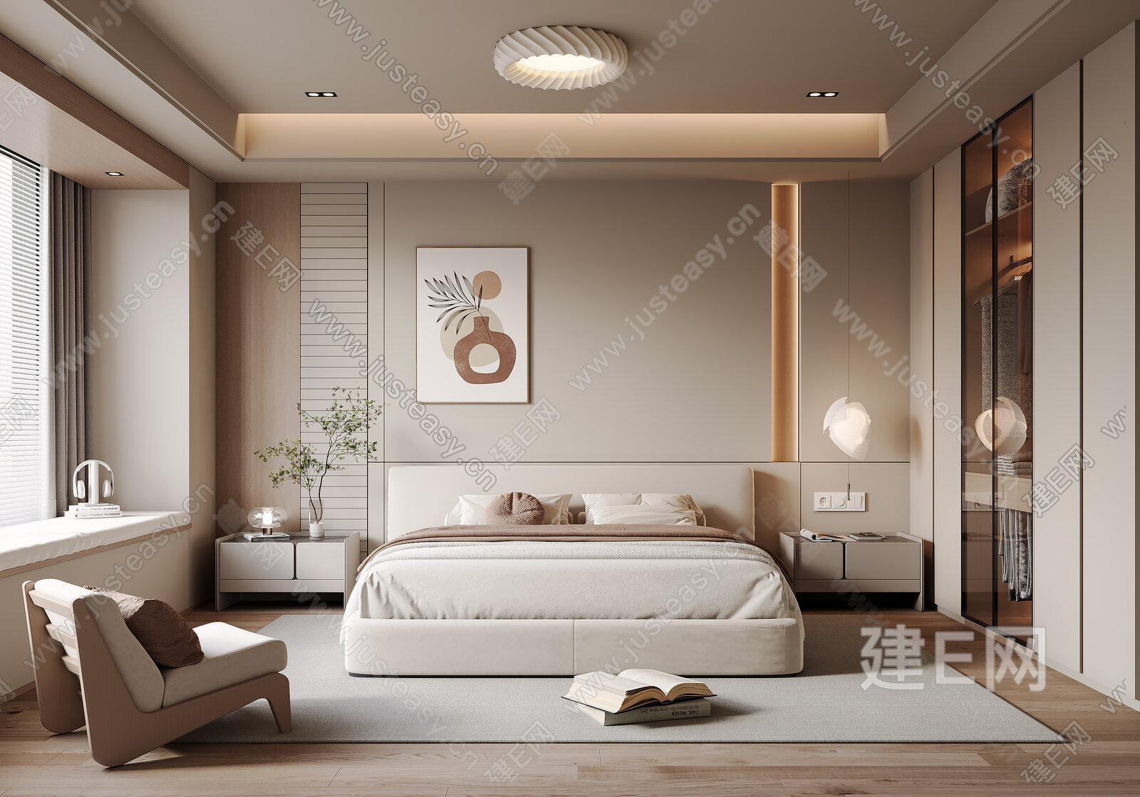 【现代奶油风卧室3d模型】建E网_现代奶油风卧室3d模型下载[ID:109206903]_打造3d现代奶油风卧室模型免费下载平台