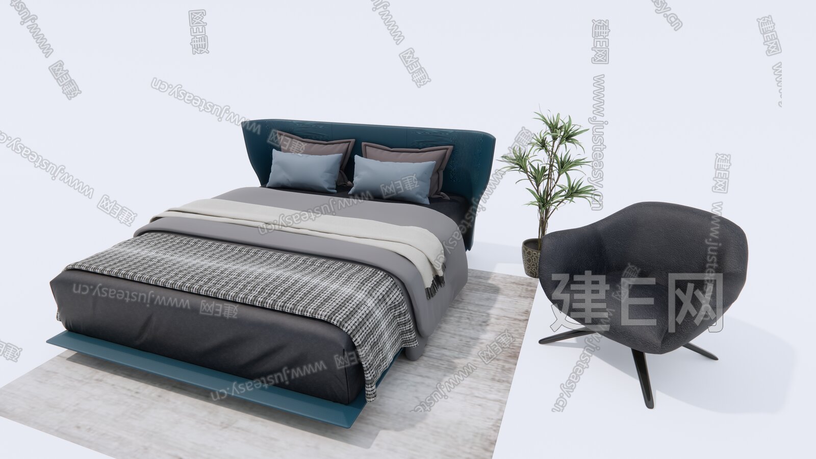 现代双人床SU模型模型SU模型下载[ID:117396166]_建E室内设计网