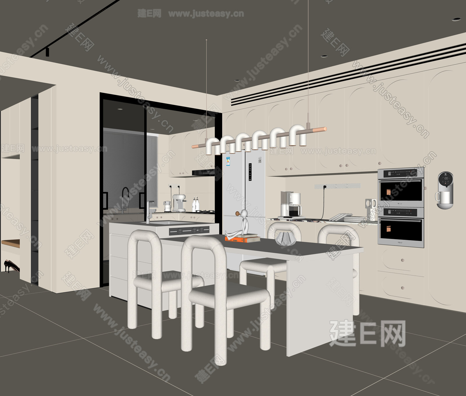 现代奶油风餐厅模型SU模型下载[ID:117330686]_建e网su模型