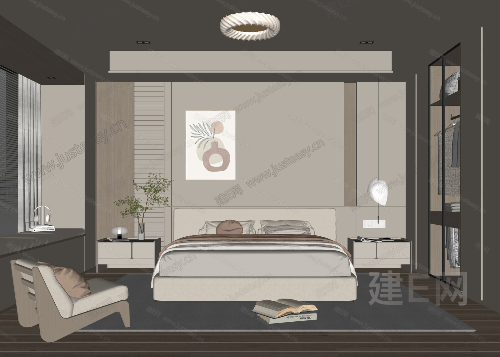 现代奶油风家居卧室模型SU模型下载[ID:117002898]_建e网su模型