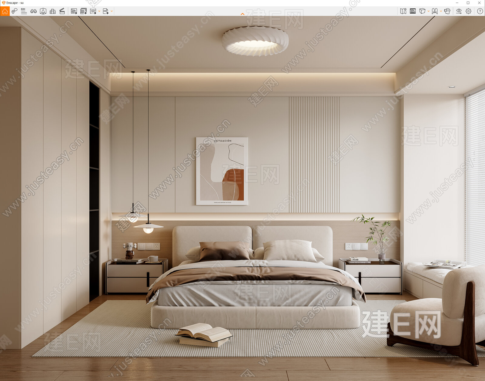 现代奶油风卧室模型SU模型下载[ID:116937465]_建E室内设计网