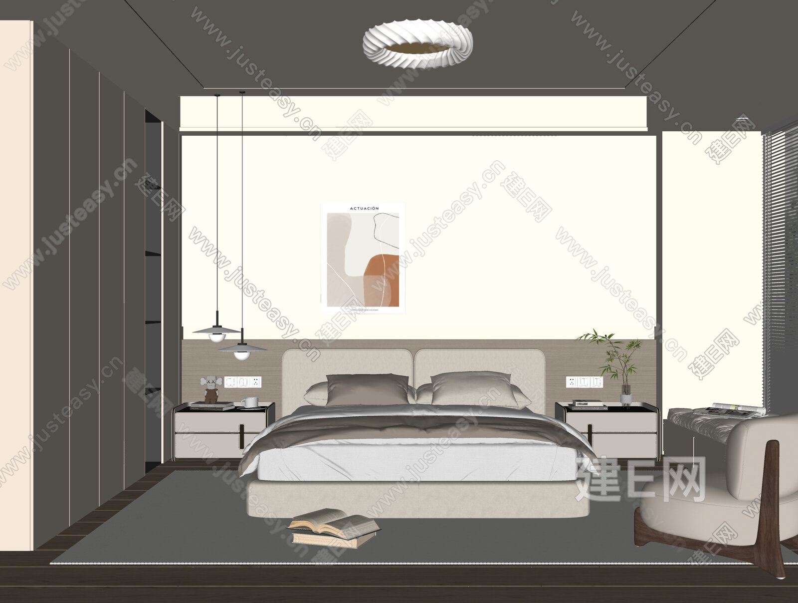 现代奶油风卧室模型SU模型下载[ID:116937465]_建E室内设计网