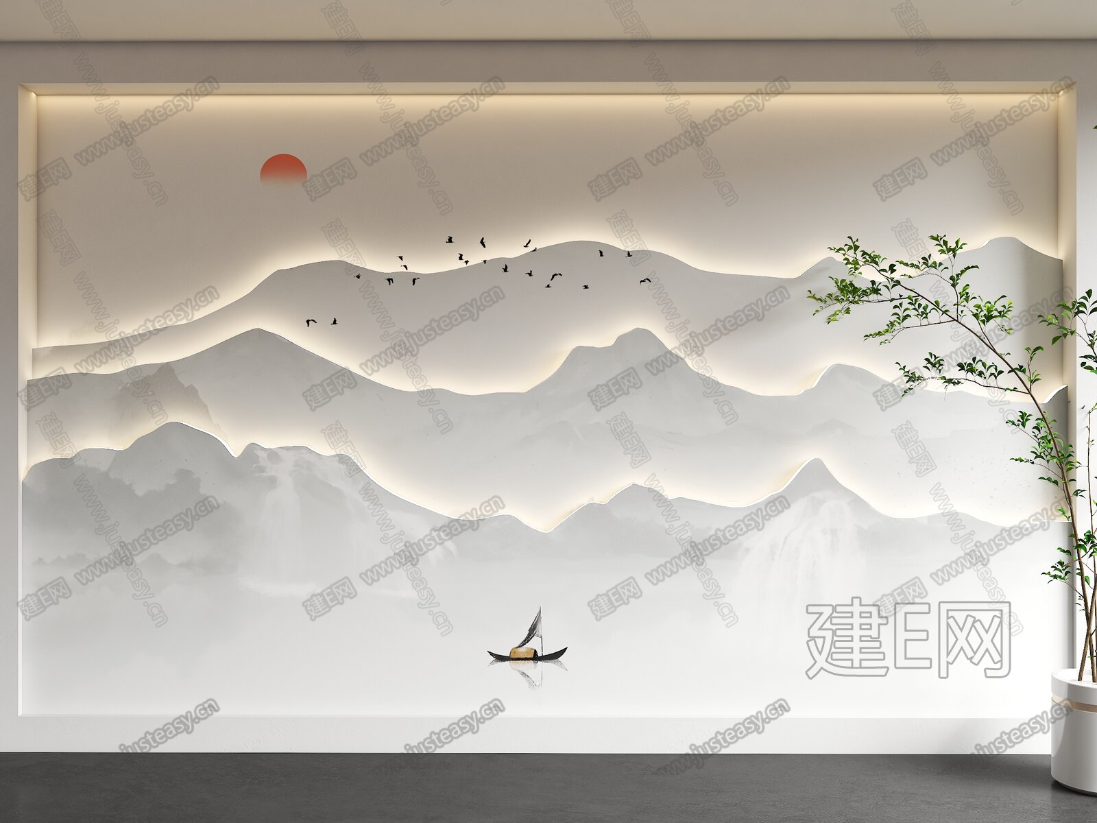 中式山水画背景墙模型SU模型下载[ID:109531803]_建E室内设计网