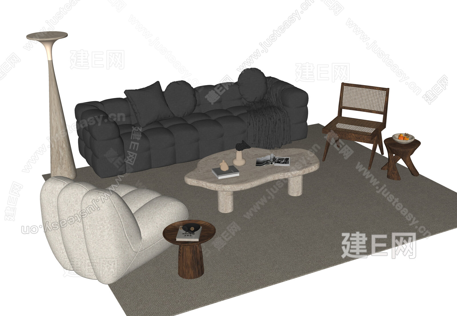 现代沙发茶几组合模型SU模型下载[ID:109466201]_建E室内设计网