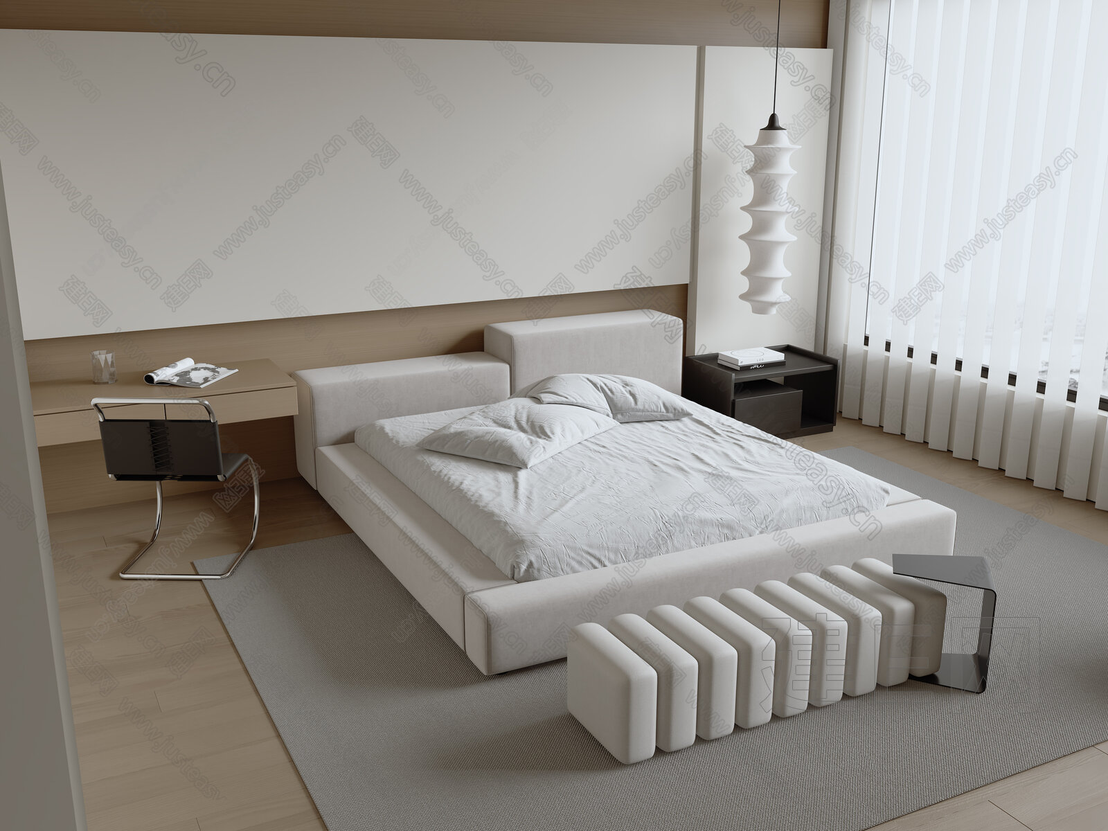 现代双人床模型SU模型下载[ID:109466190]_建E室内设计网